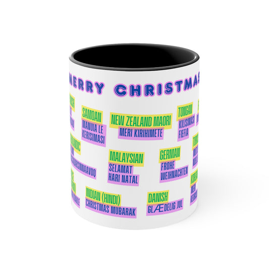 Merry Christmas Multilingual Mug — 11oz Color Accent Holiday Coffee Cup