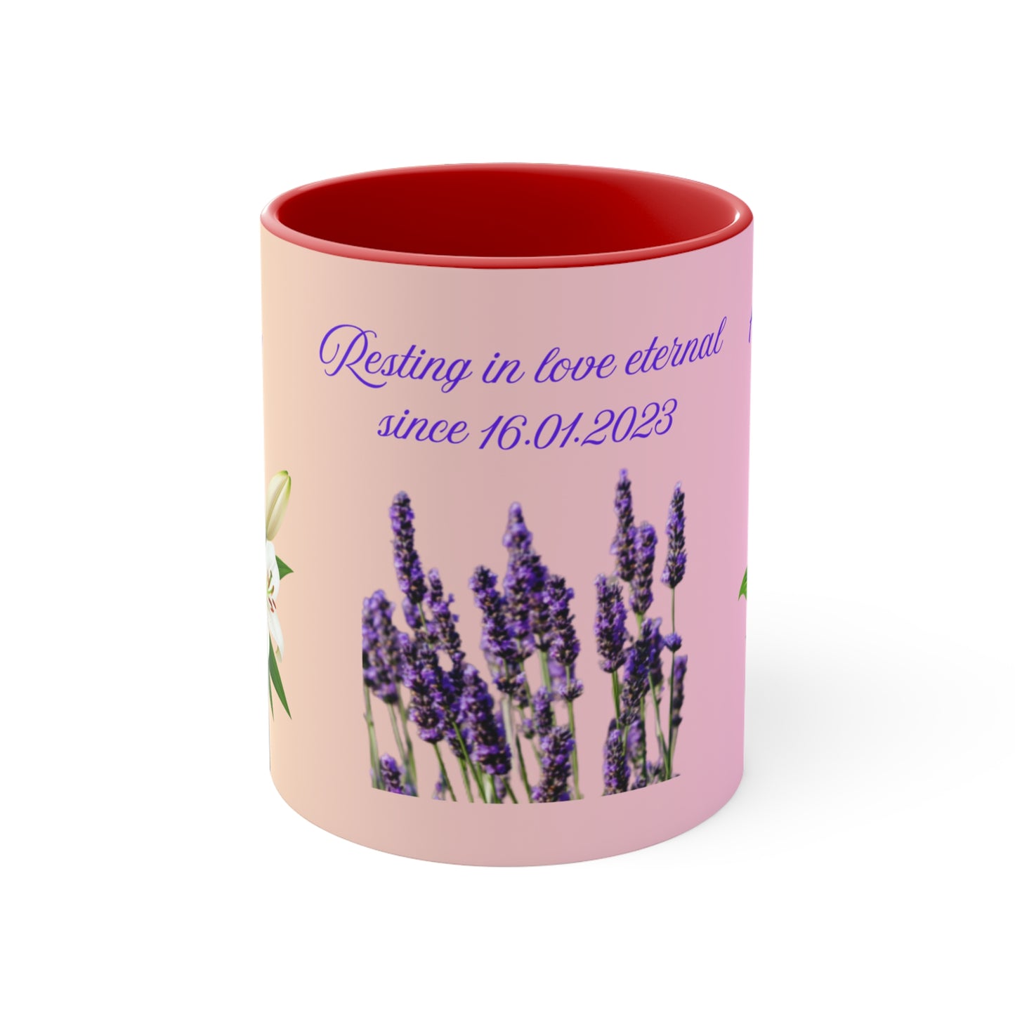 Personalized Memorial Flower Mug — Resting in Love Eternal (11oz Accent Mug)