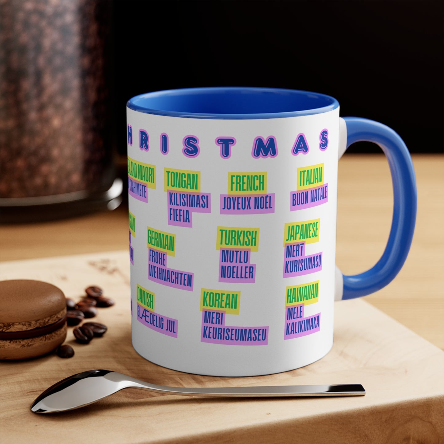 Merry Christmas Multilingual Mug — 11oz Color Accent Holiday Coffee Cup