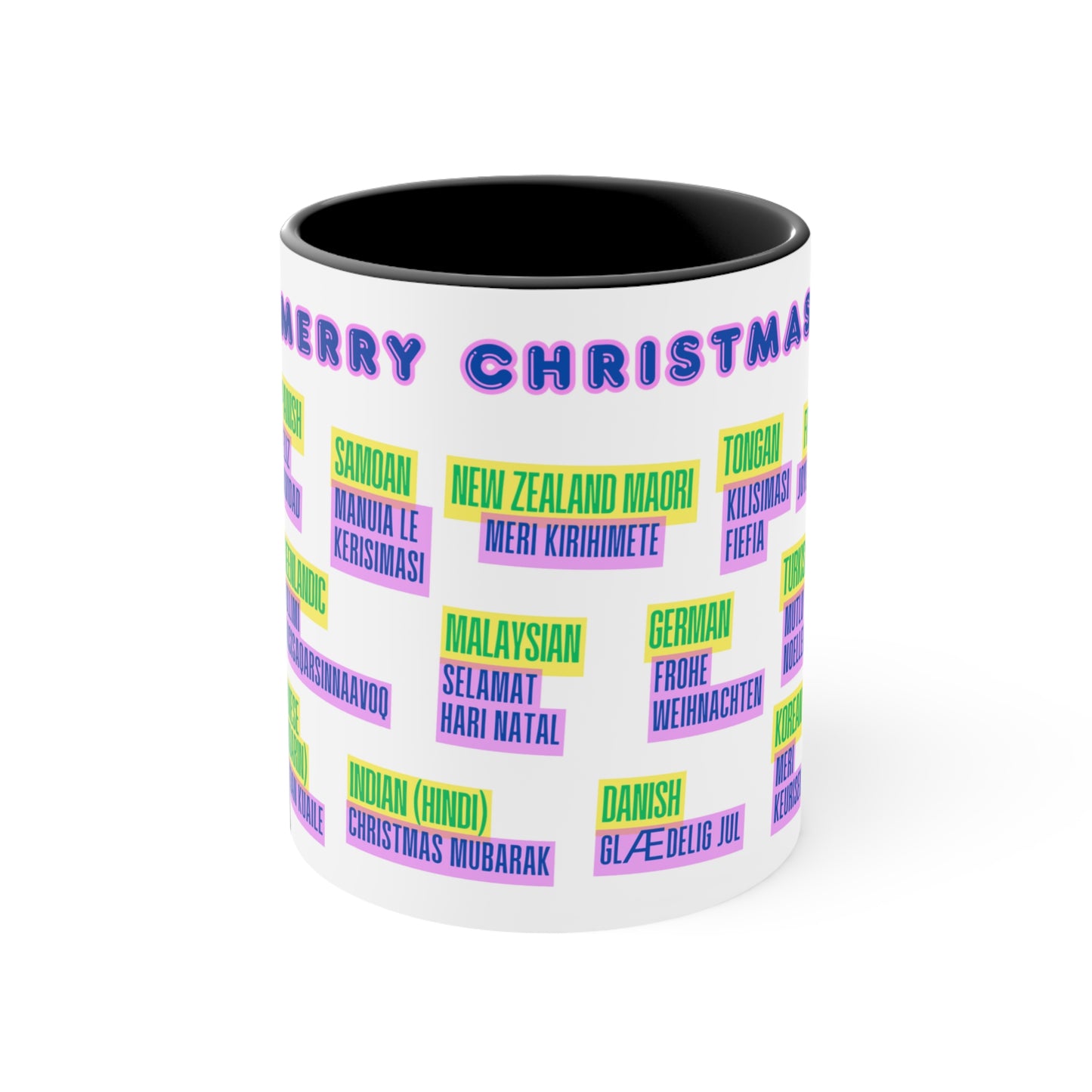 Merry Christmas Multilingual Mug — 11oz Color Accent Holiday Coffee Cup