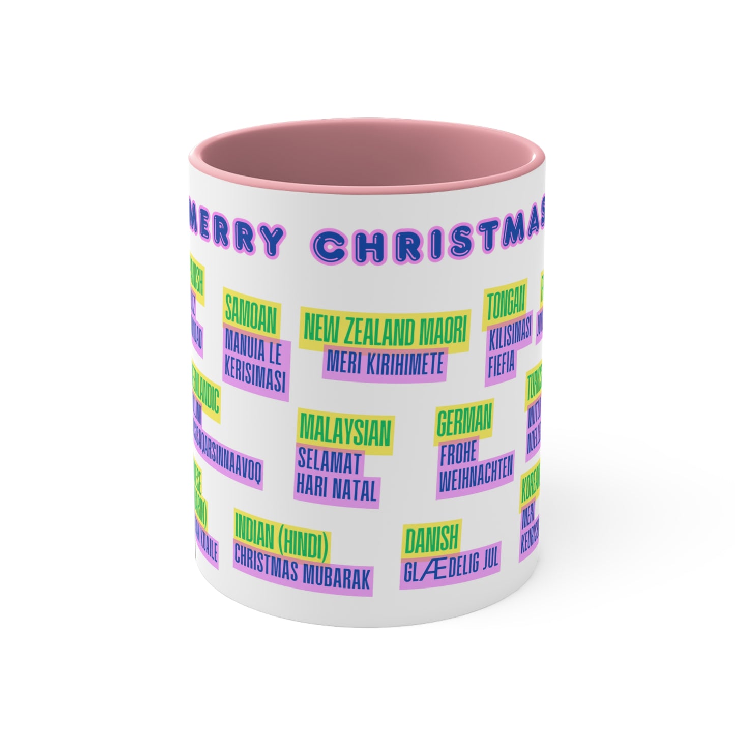 Merry Christmas Multilingual Mug — 11oz Color Accent Holiday Coffee Cup