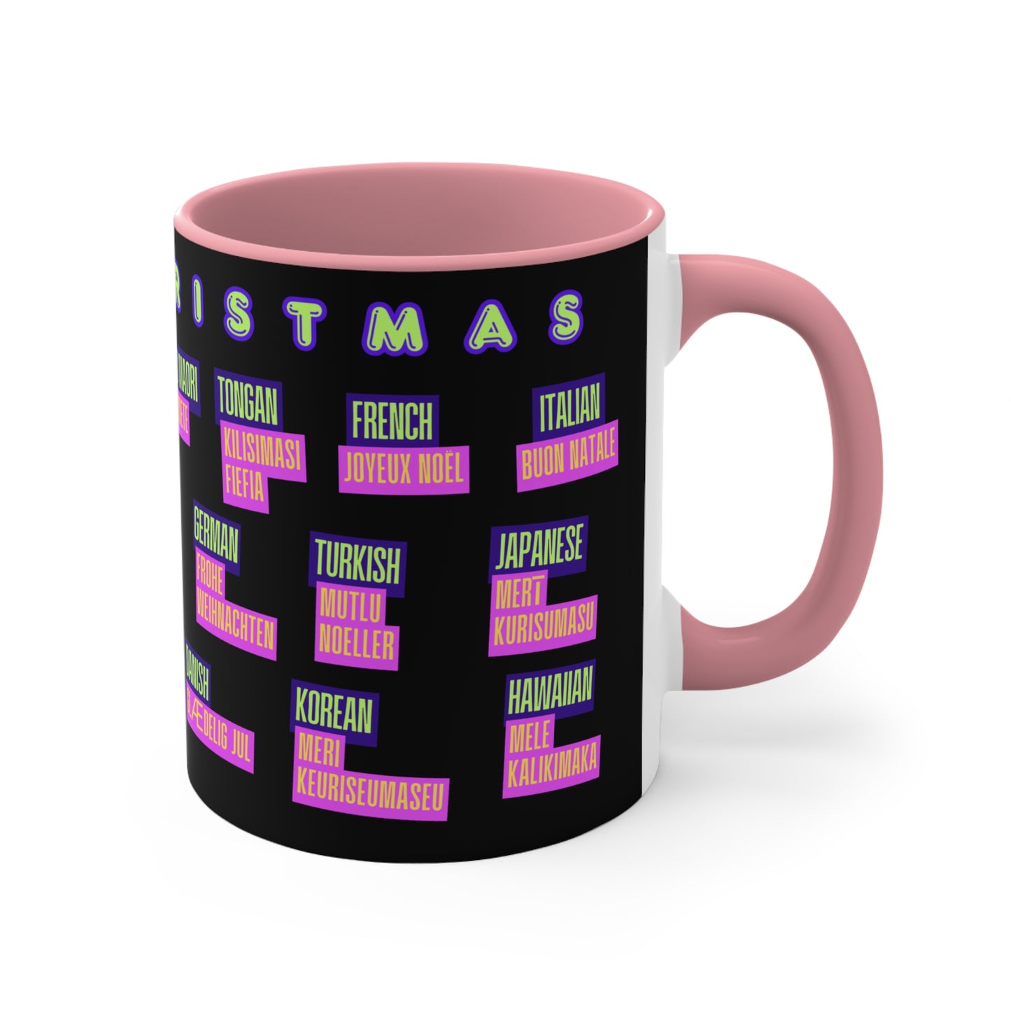 Merry Christmas Translations Mug — Multilingual Holiday Coffee Cup (11oz)
