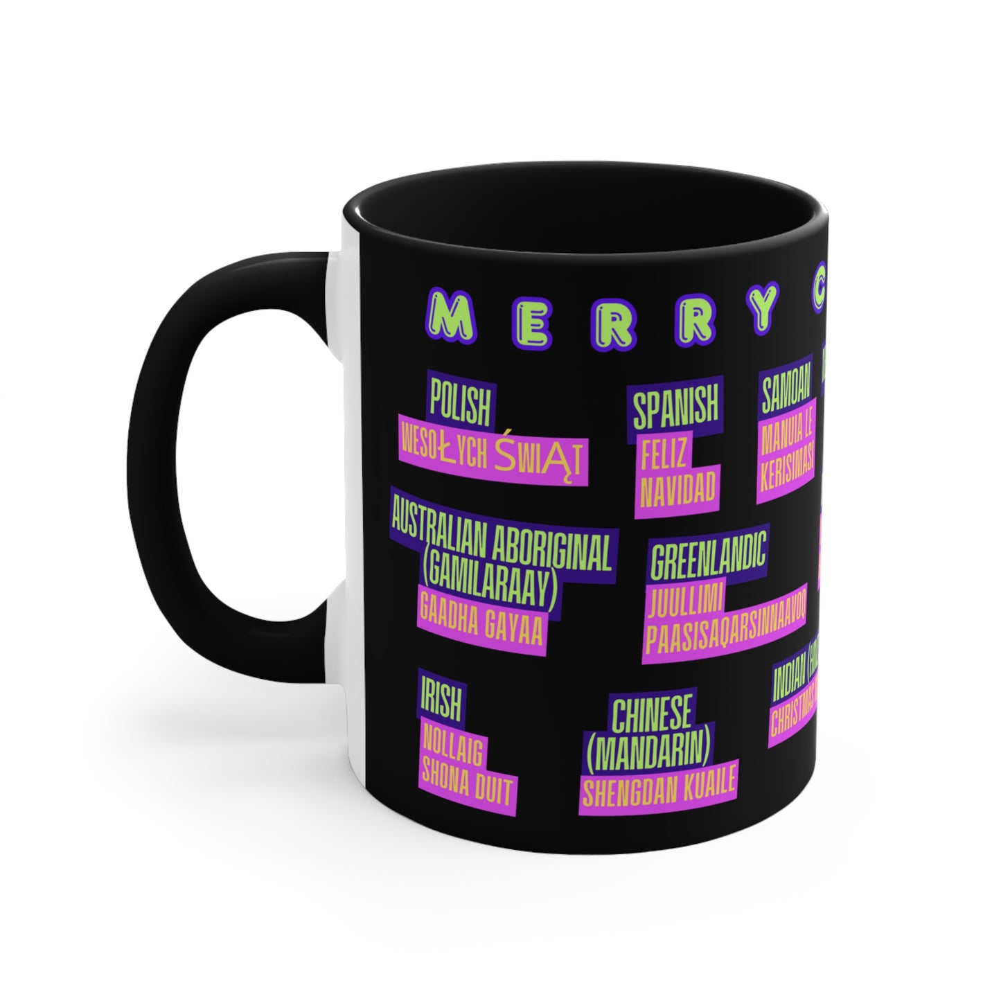 Merry Christmas Translations Mug — Multilingual Holiday Coffee Cup (11oz)