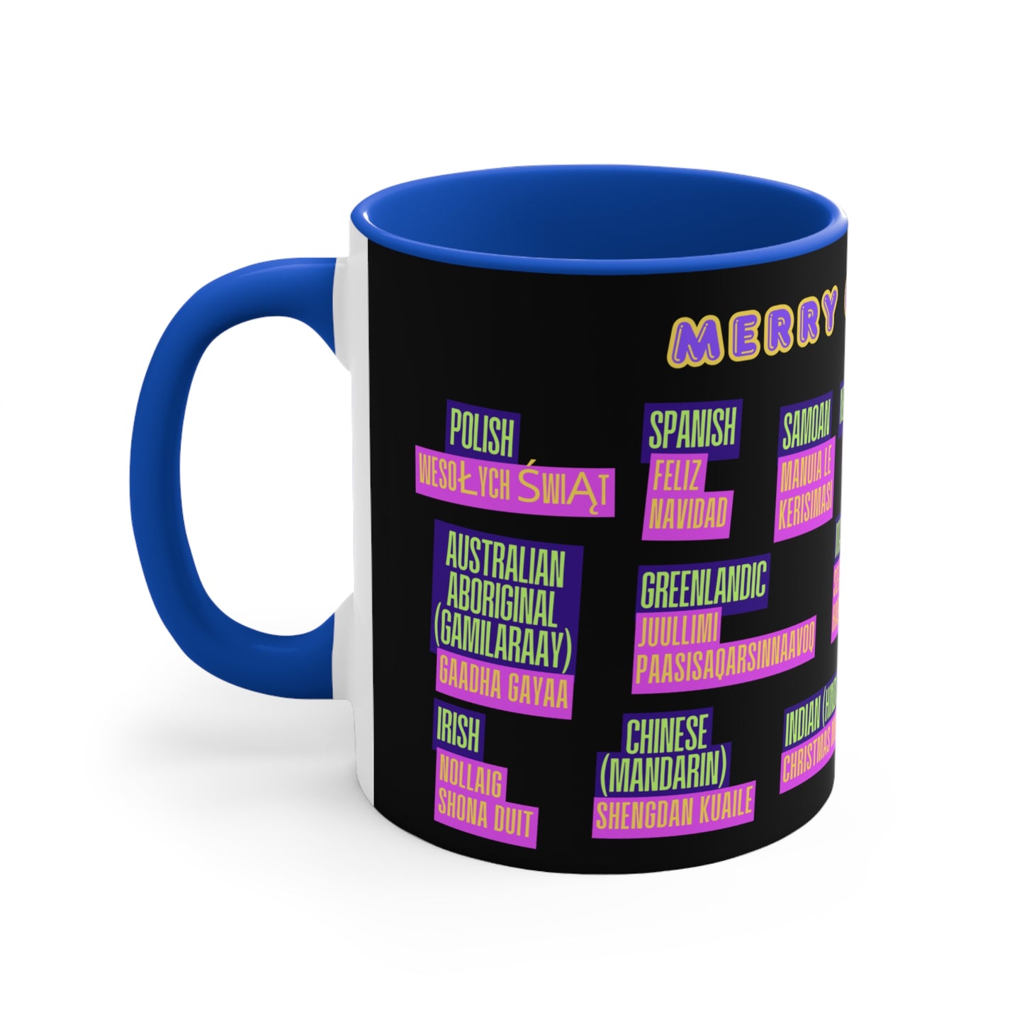 Merry Christmas Translations Mug — Multilingual Holiday Coffee Cup (11oz)