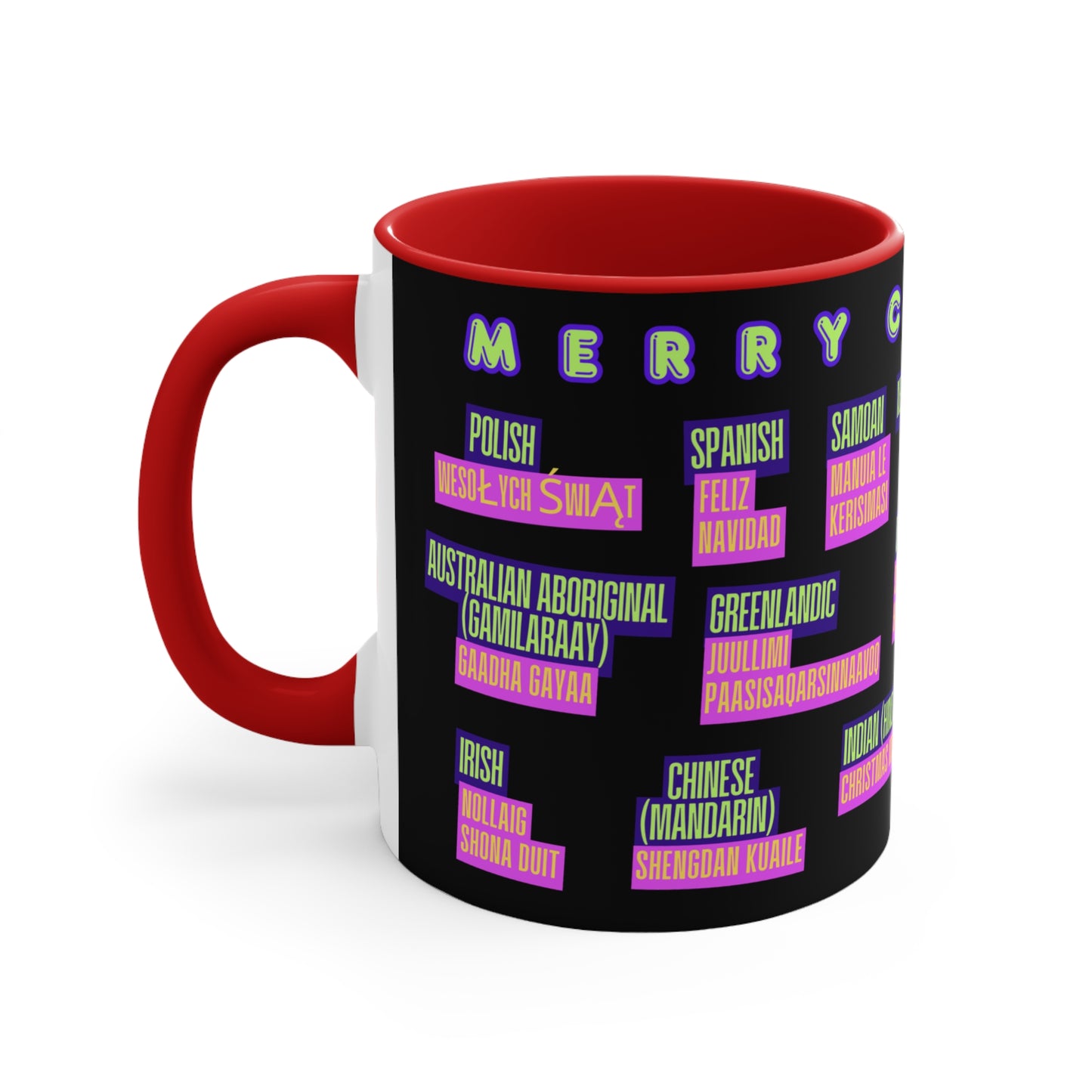 Merry Christmas Translations Mug — Multilingual Holiday Coffee Cup (11oz)