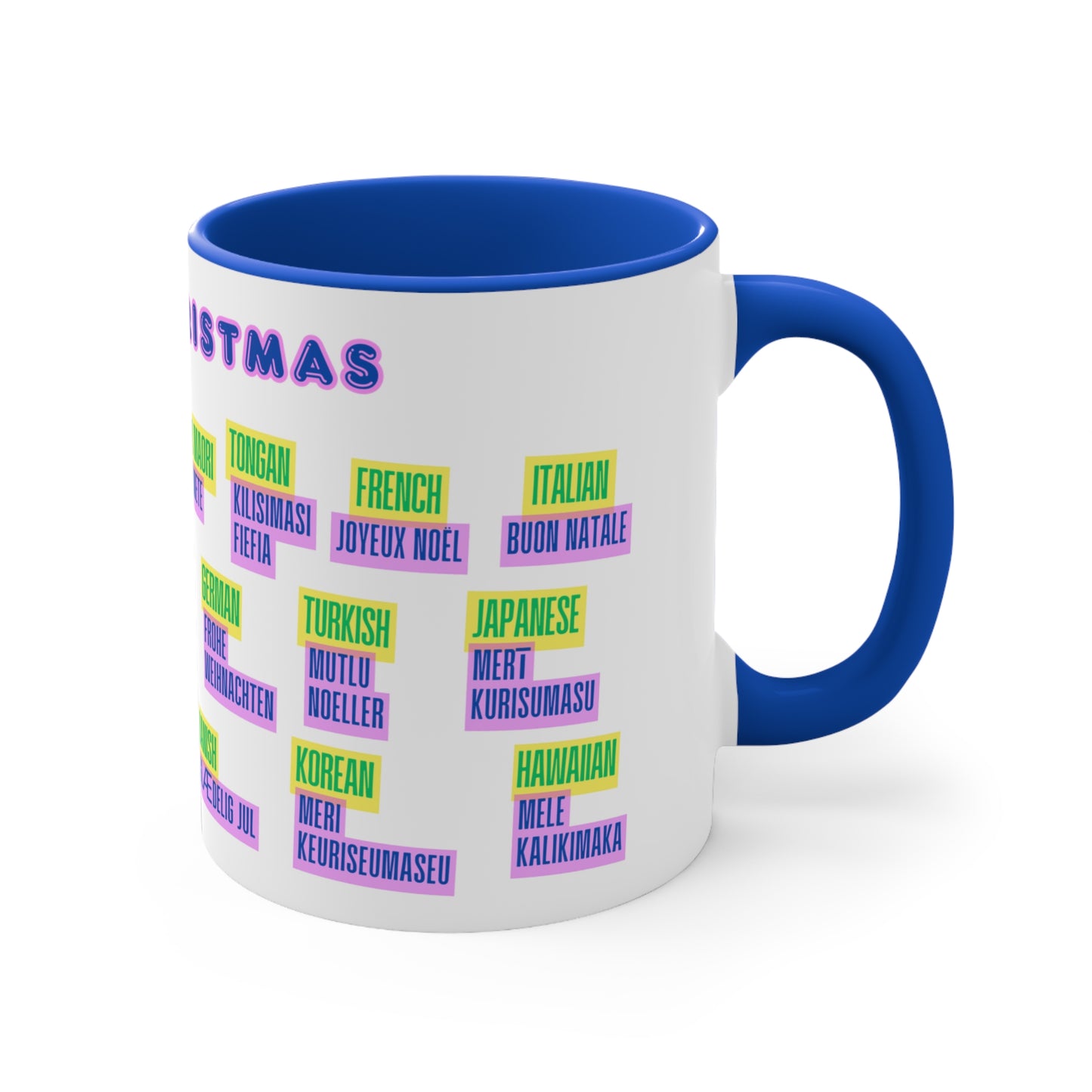 Merry Christmas Multilingual Mug — 11oz Color Accent Holiday Coffee Cup