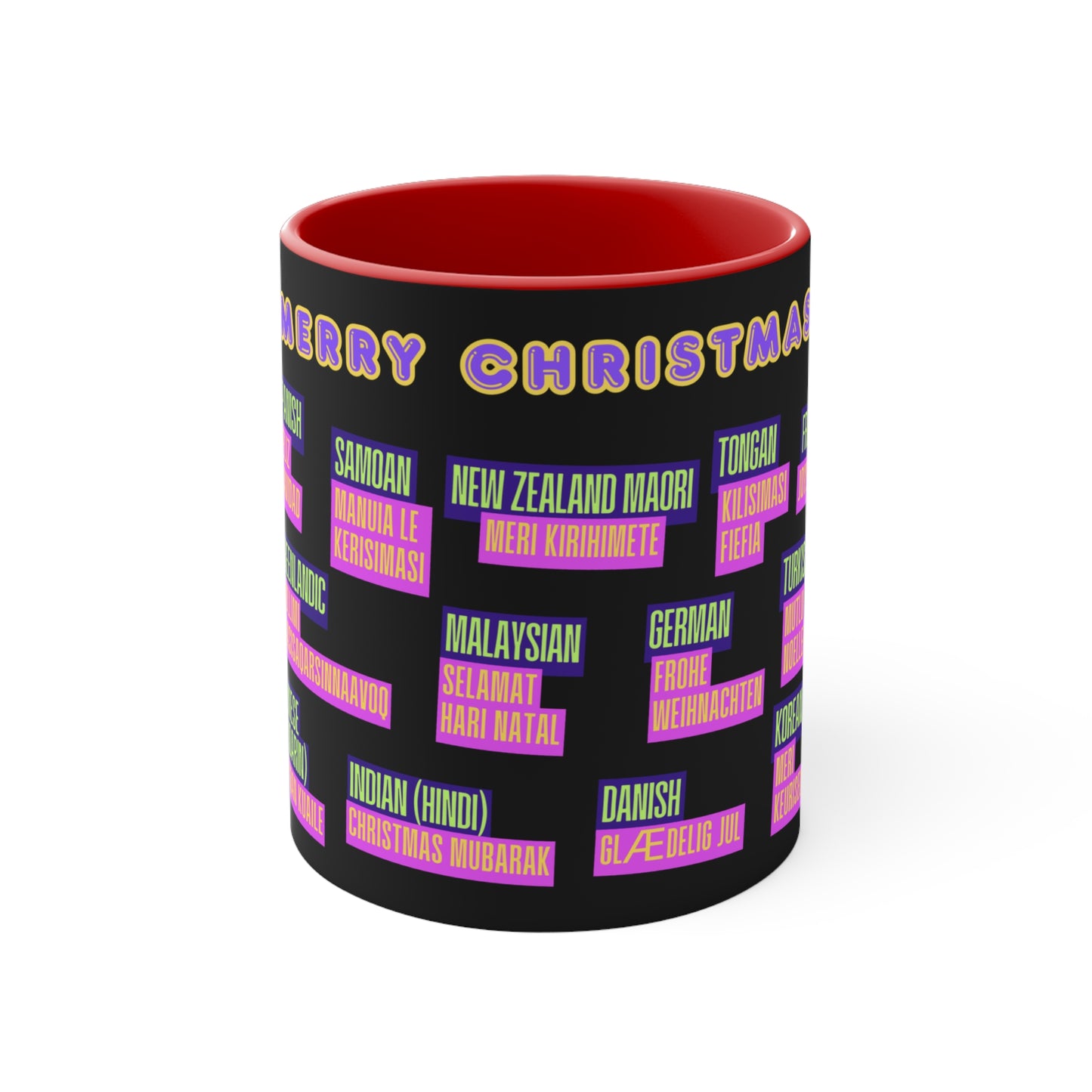 Merry Christmas Translations Mug — Multilingual Holiday Coffee Cup (11oz)