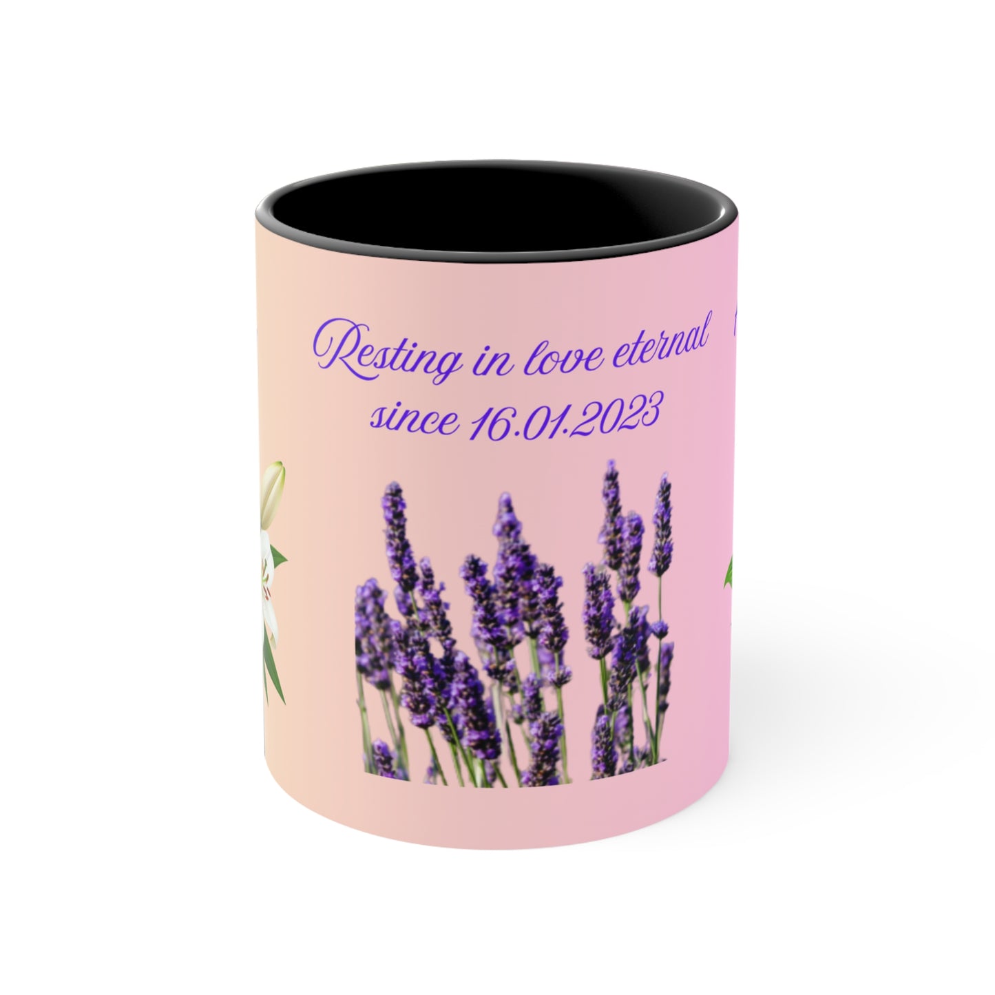 Personalized Memorial Flower Mug — Resting in Love Eternal (11oz Accent Mug)