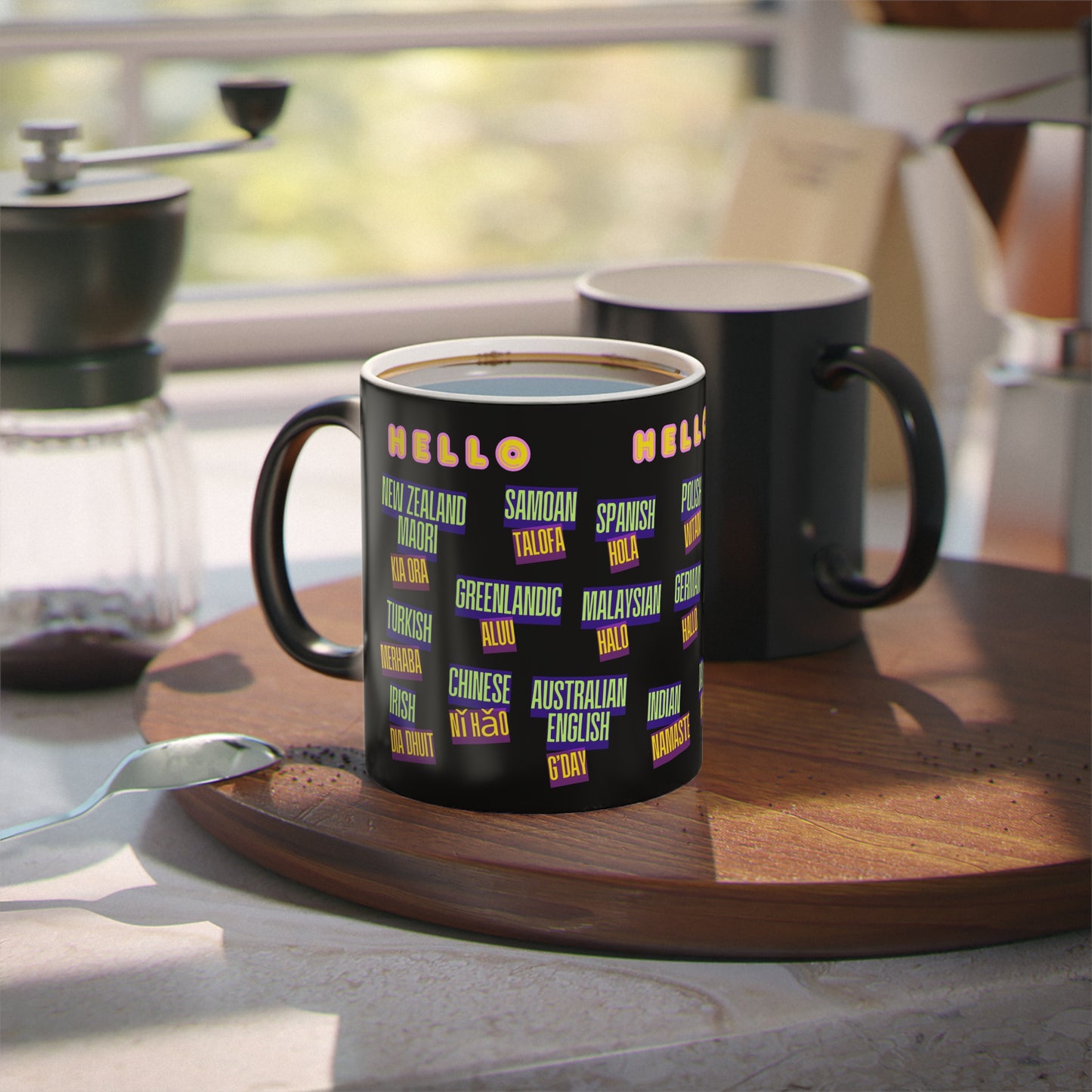 Multilingual Hello Coffee Mug | Gift for Language Lovers, Teacher Appreciation, Home Office Decor, Fun Conversation Starter