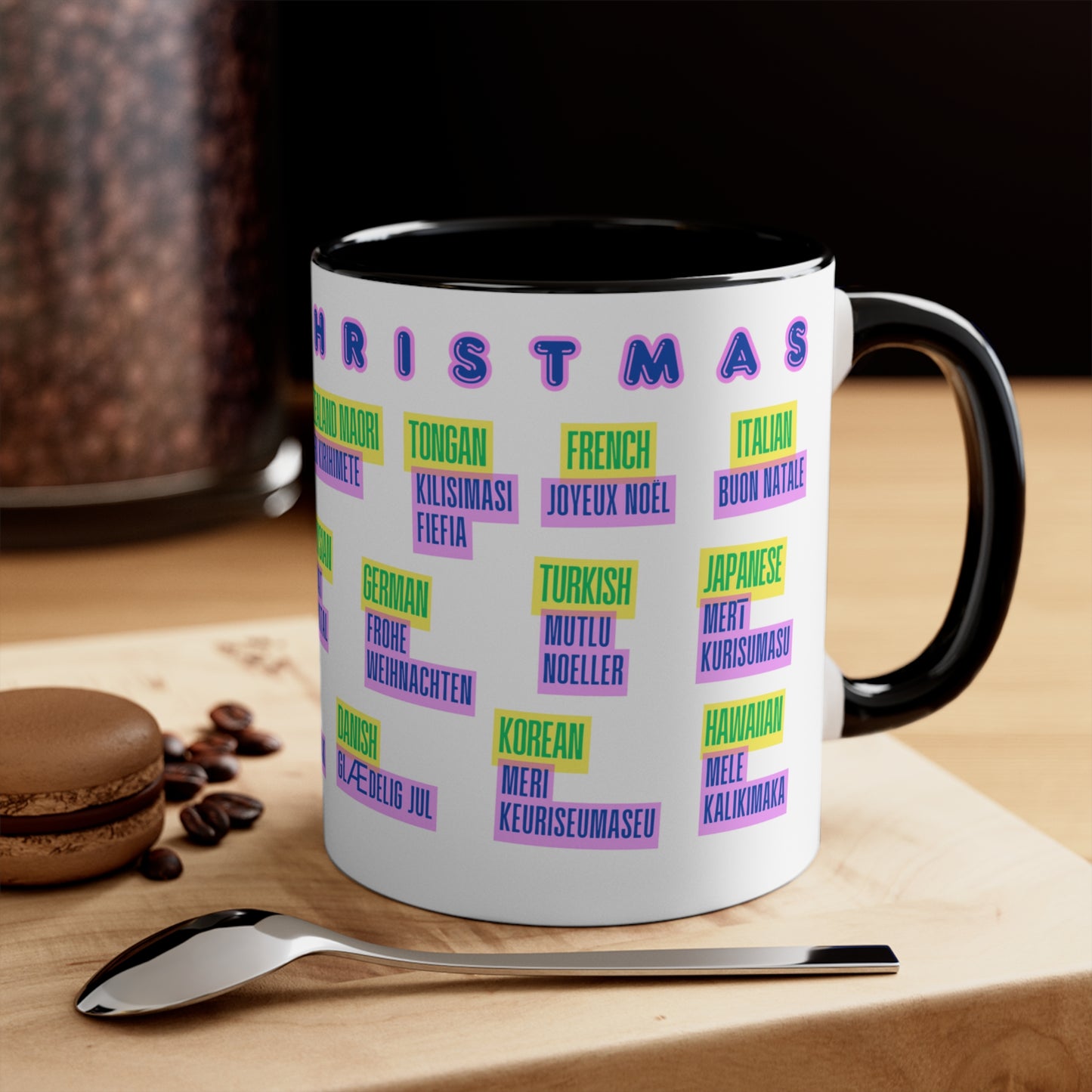 Merry Christmas Multilingual Mug — 11oz Color Accent Holiday Coffee Cup