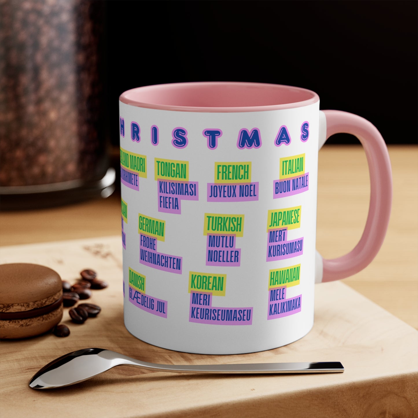 Merry Christmas Multilingual Mug — 11oz Color Accent Holiday Coffee Cup