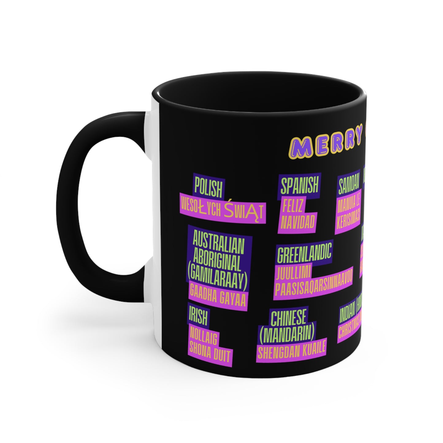 Merry Christmas Translations Mug — Multilingual Holiday Coffee Cup (11oz)