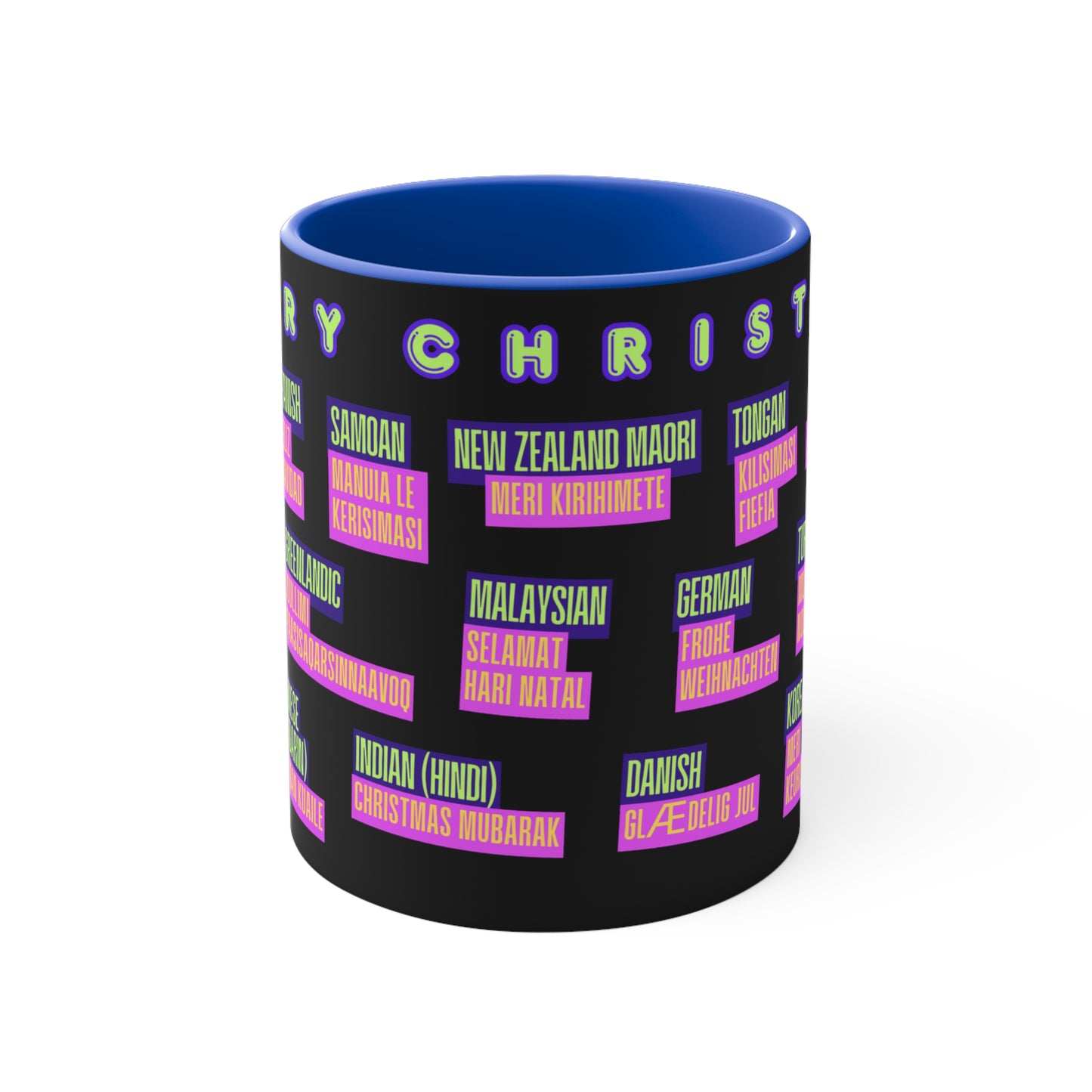 Merry Christmas Translations Mug — Multilingual Holiday Coffee Cup (11oz)