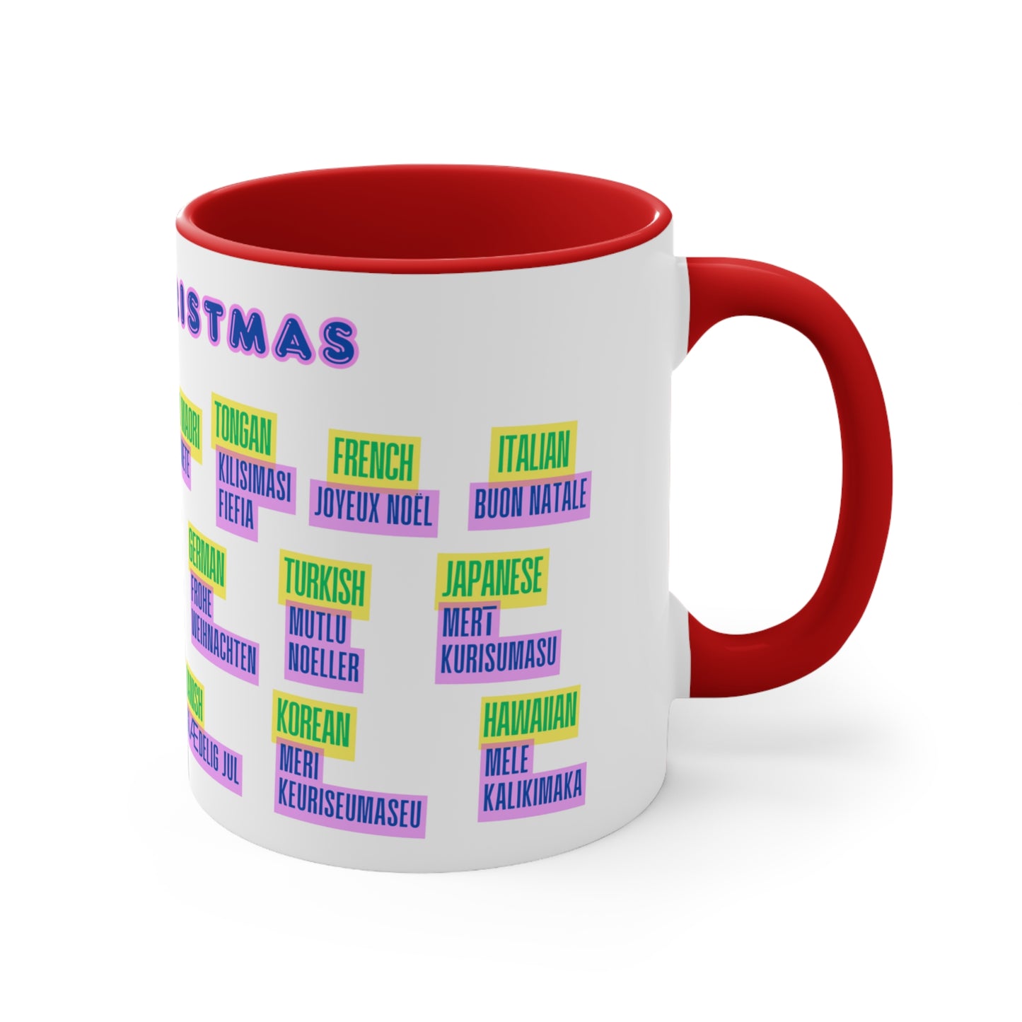 Merry Christmas Multilingual Mug — 11oz Color Accent Holiday Coffee Cup
