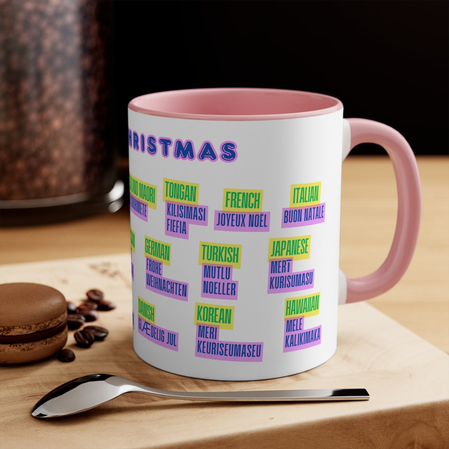 Merry Christmas Multilingual Mug — 11oz Color Accent Holiday Coffee Cup