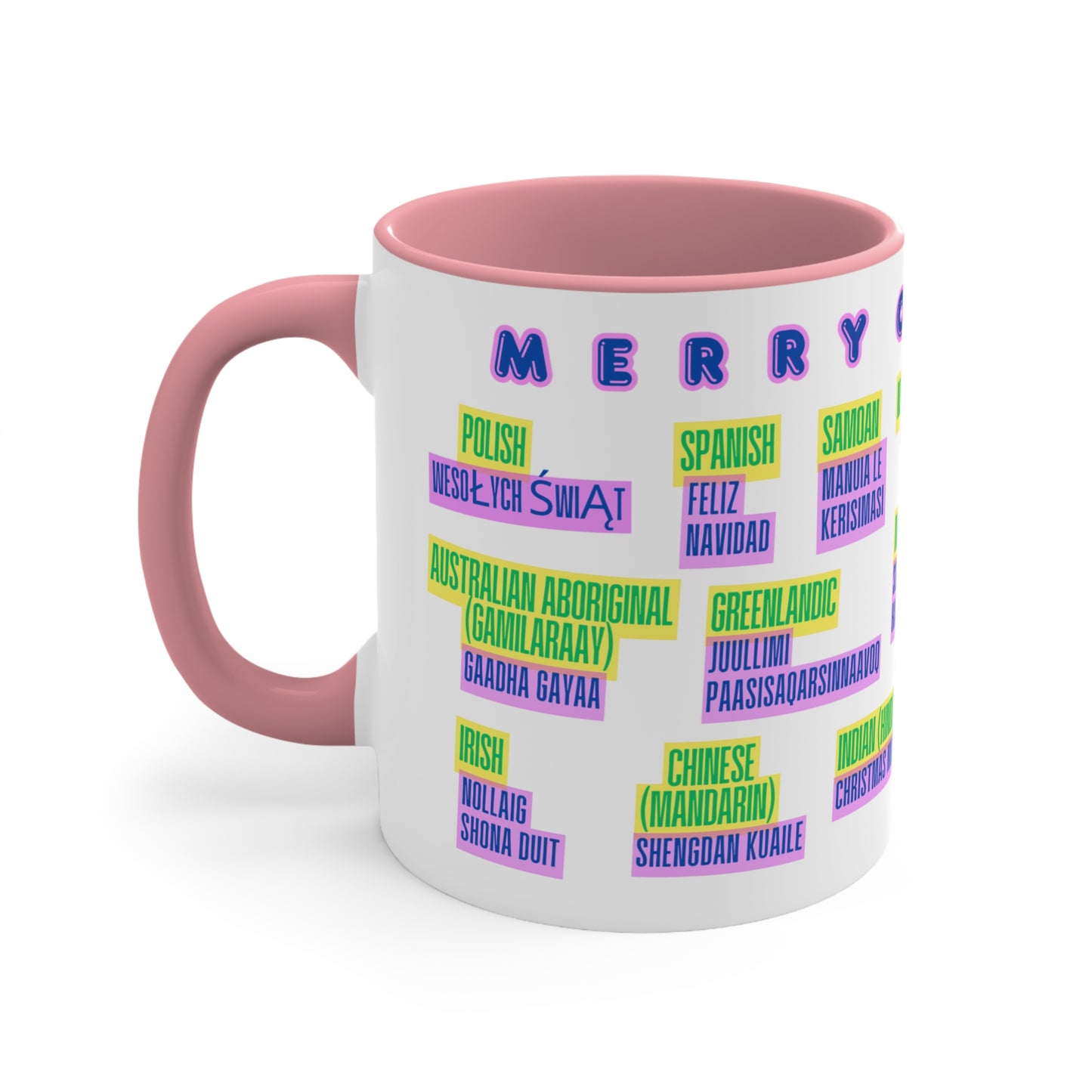 Merry Christmas Multilingual Mug — 11oz Color Accent Holiday Coffee Cup