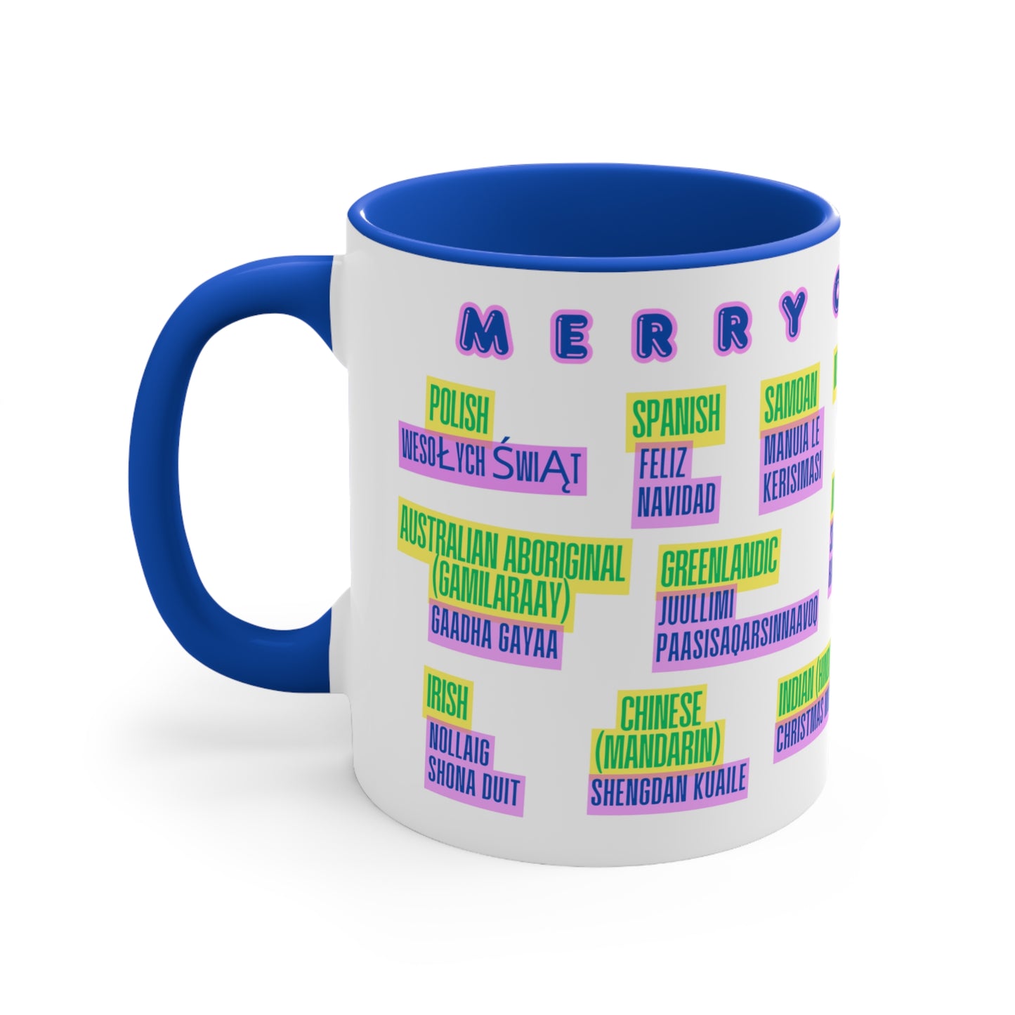 Merry Christmas Multilingual Mug — 11oz Color Accent Holiday Coffee Cup
