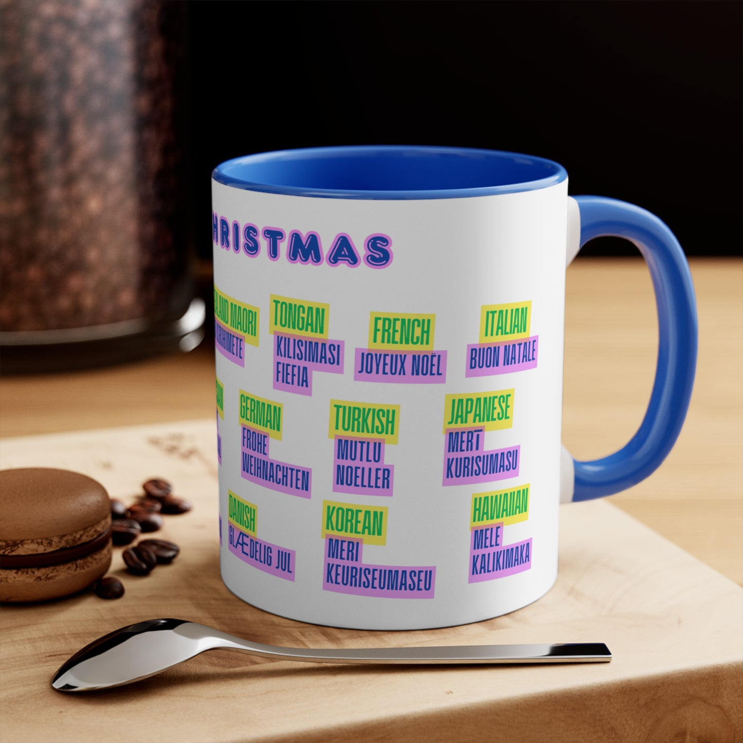 Merry Christmas Multilingual Mug — 11oz Color Accent Holiday Coffee Cup