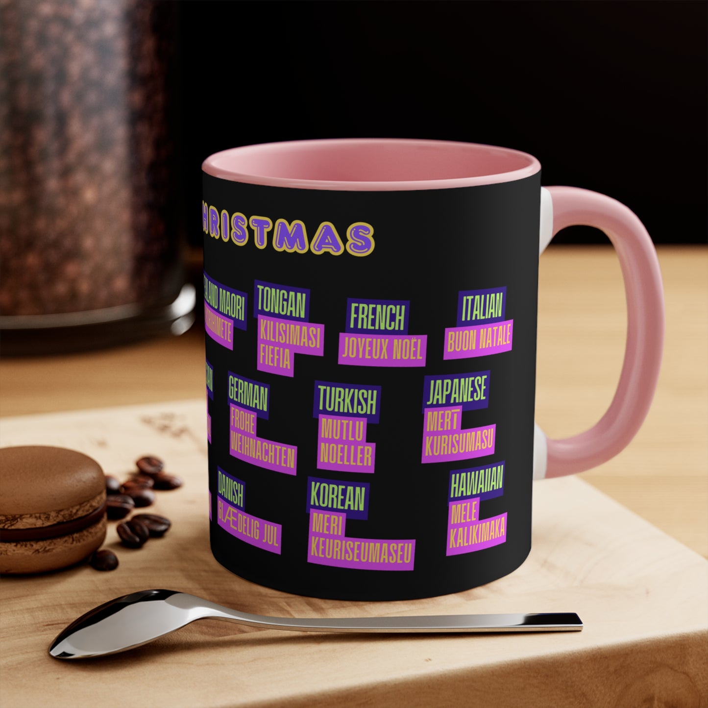 Merry Christmas Translations Mug — Multilingual Holiday Coffee Cup (11oz)