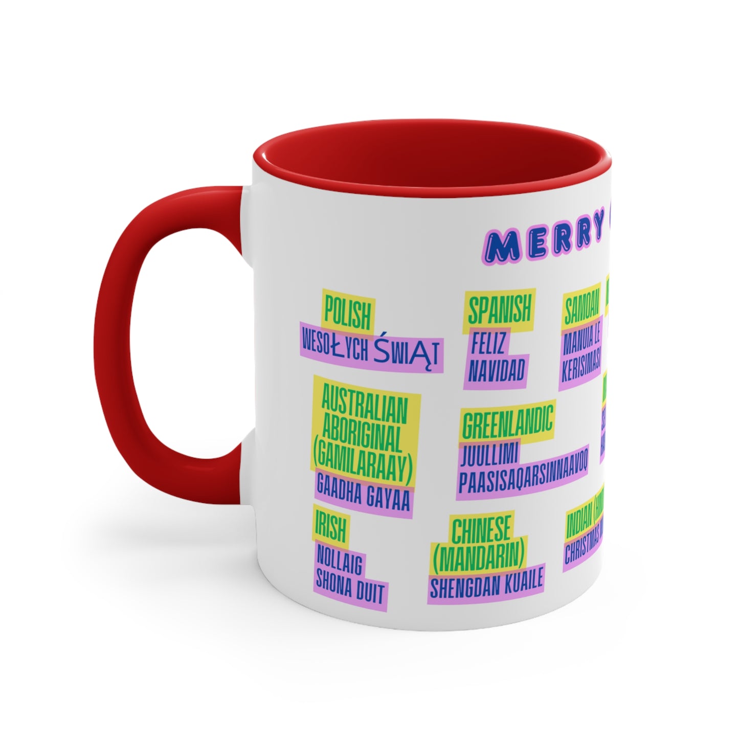Merry Christmas Multilingual Mug — 11oz Color Accent Holiday Coffee Cup