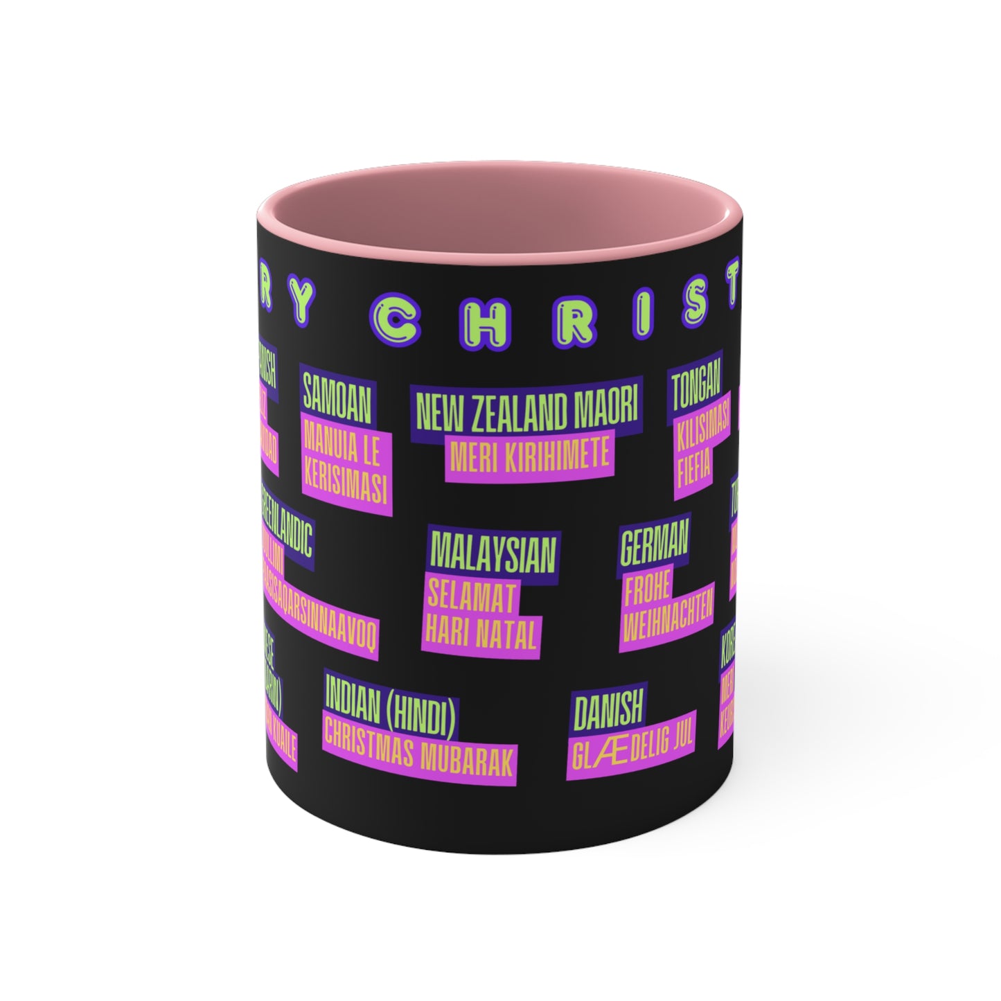 Merry Christmas Translations Mug — Multilingual Holiday Coffee Cup (11oz)