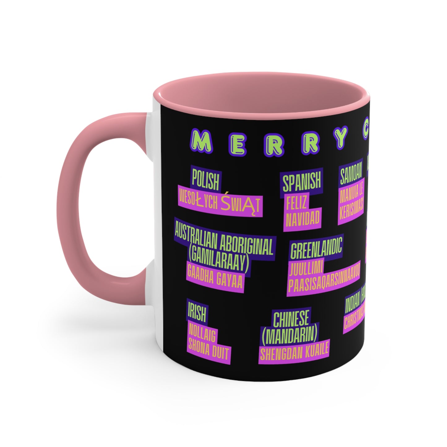 Merry Christmas Translations Mug — Multilingual Holiday Coffee Cup (11oz)