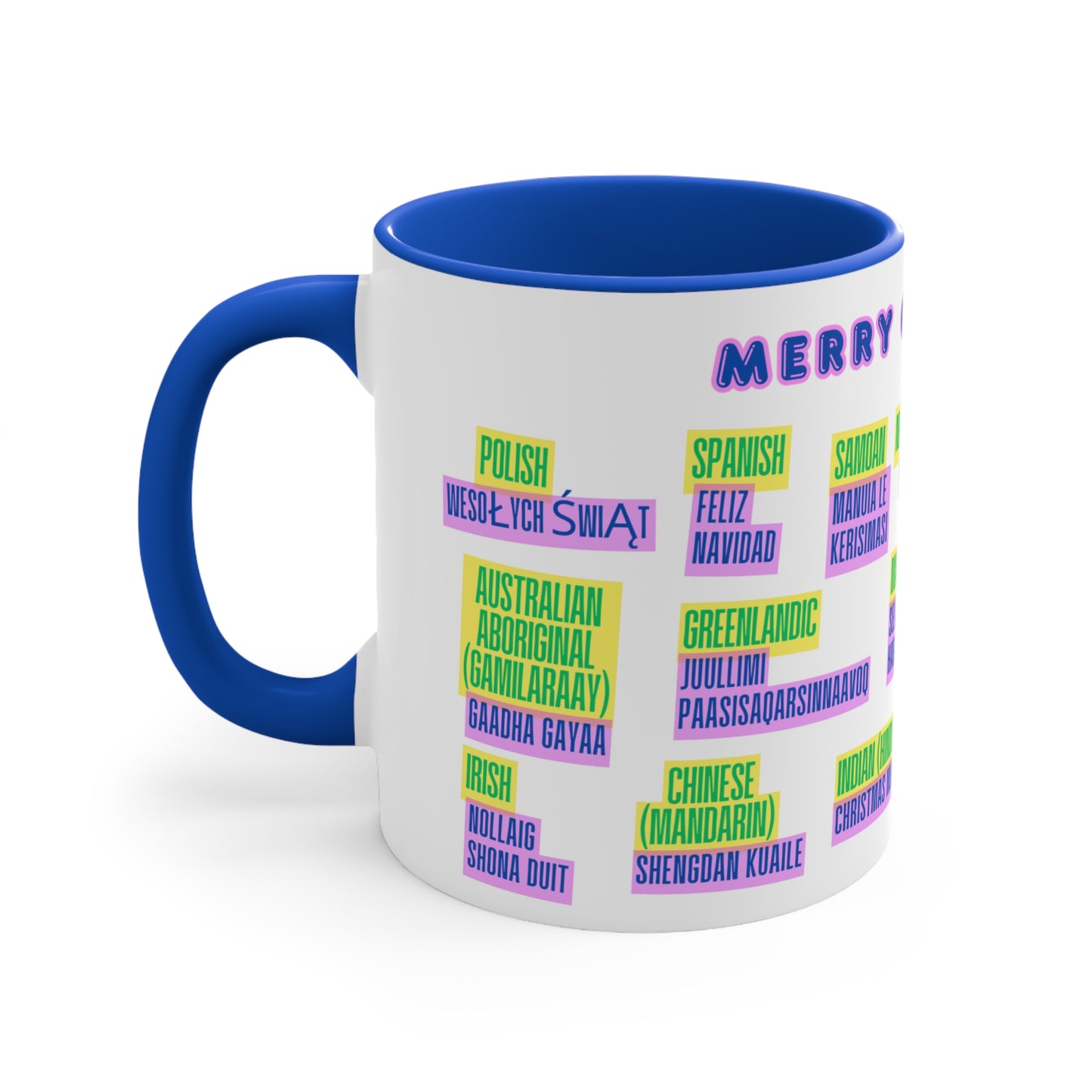 Merry Christmas Multilingual Mug — 11oz Color Accent Holiday Coffee Cup