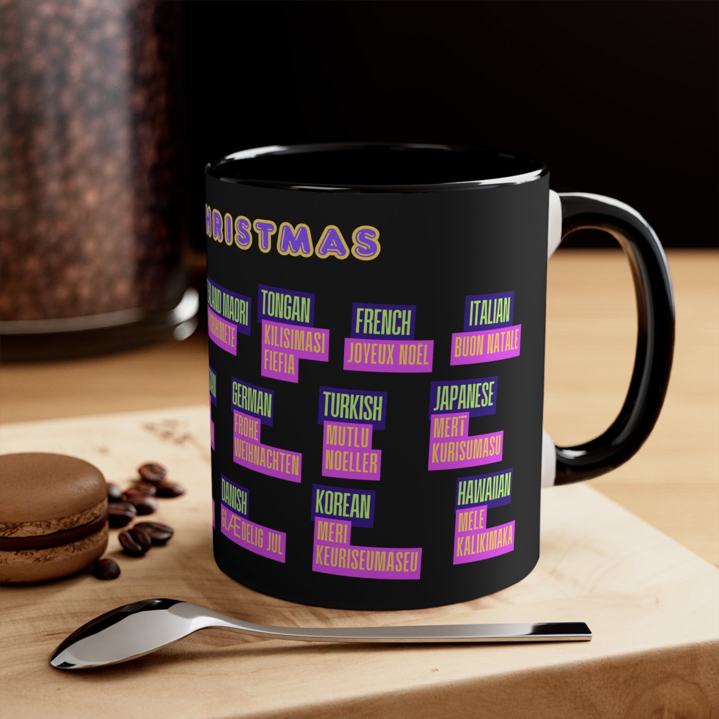 Merry Christmas Translations Mug — Multilingual Holiday Coffee Cup (11oz)