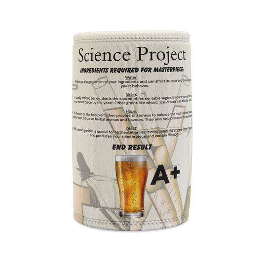Stubby Cooler — 'Science Project' Beer Can Koozie with A+ Design