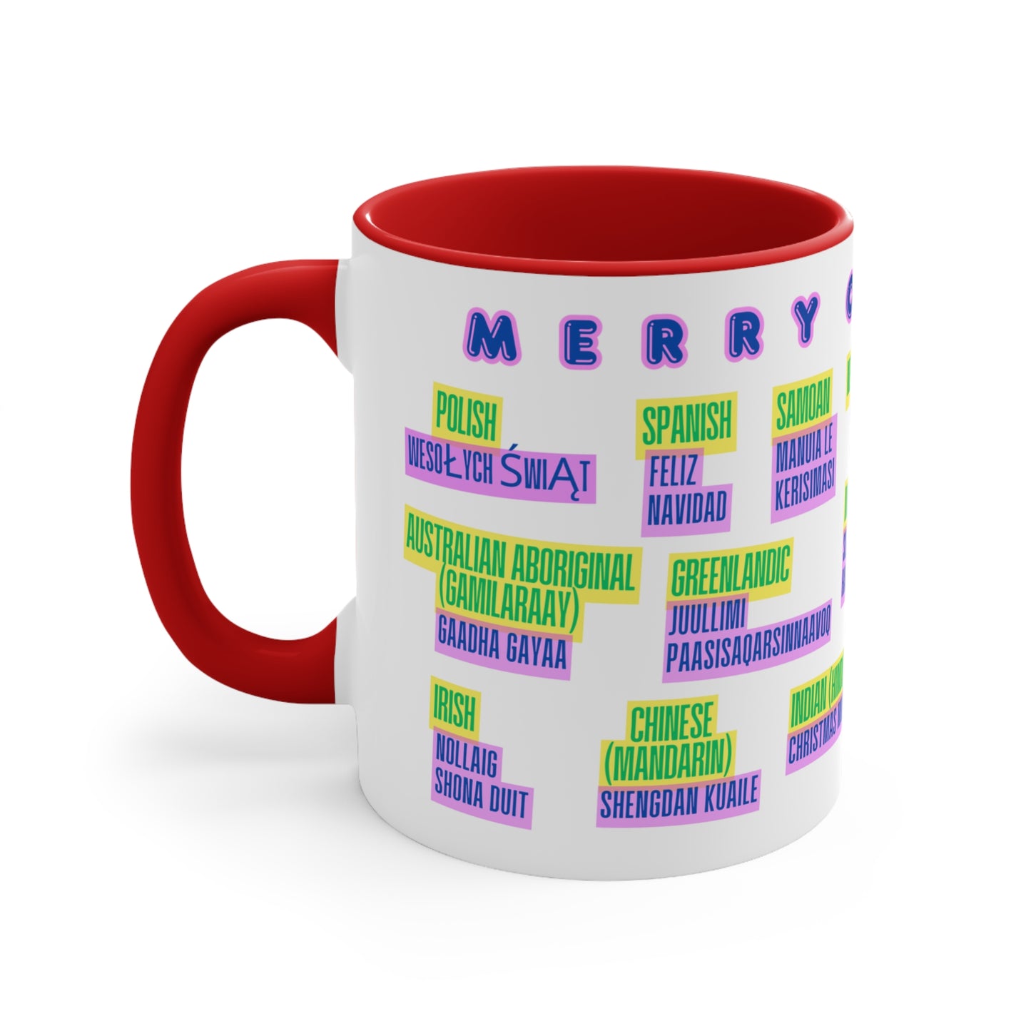 Merry Christmas Multilingual Mug — 11oz Color Accent Holiday Coffee Cup