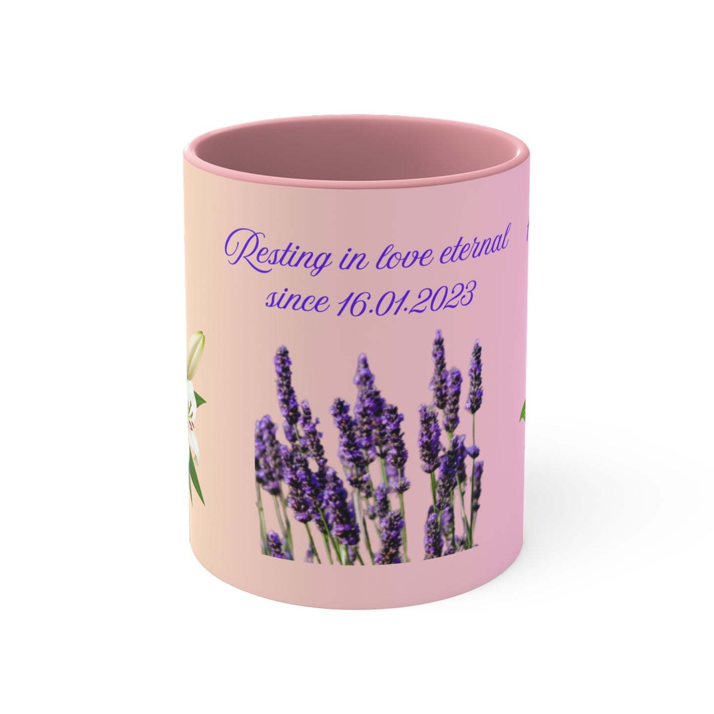 Personalized Memorial Flower Mug — Resting in Love Eternal (11oz Accent Mug)