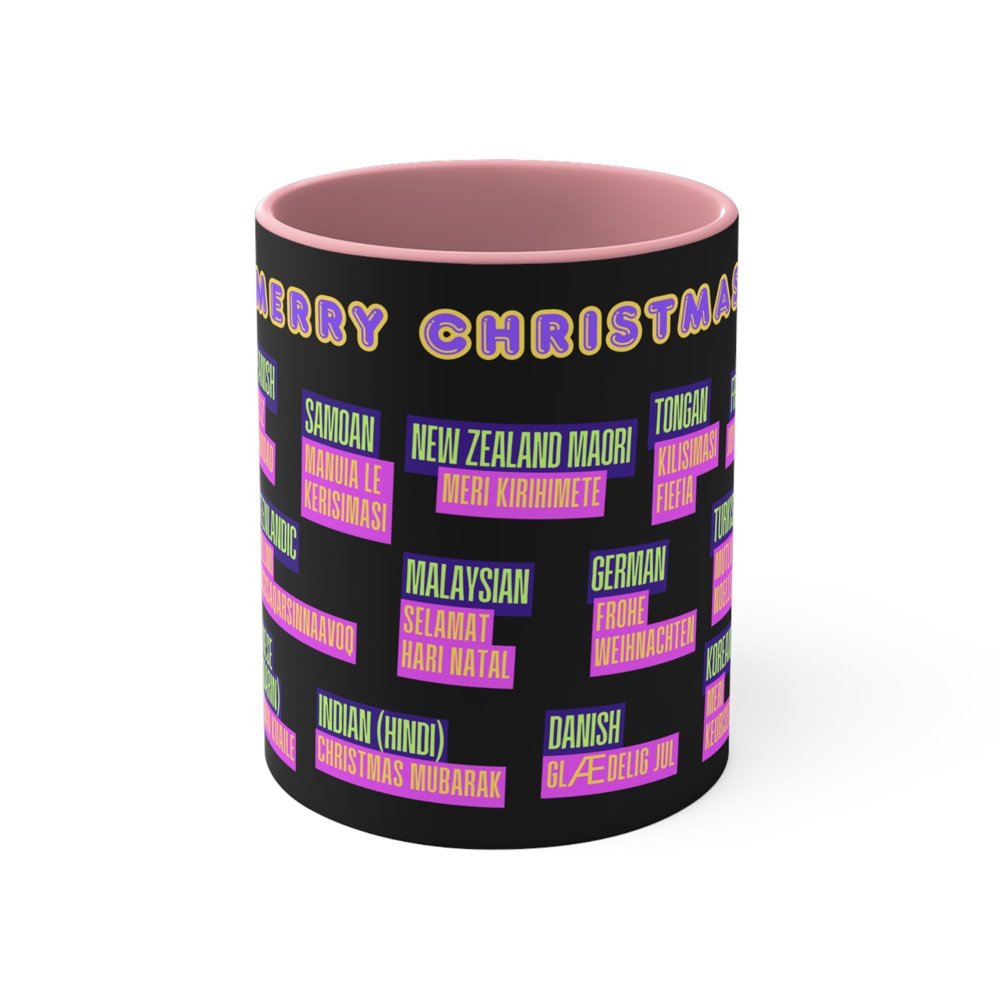 Merry Christmas Translations Mug — Multilingual Holiday Coffee Cup (11oz)