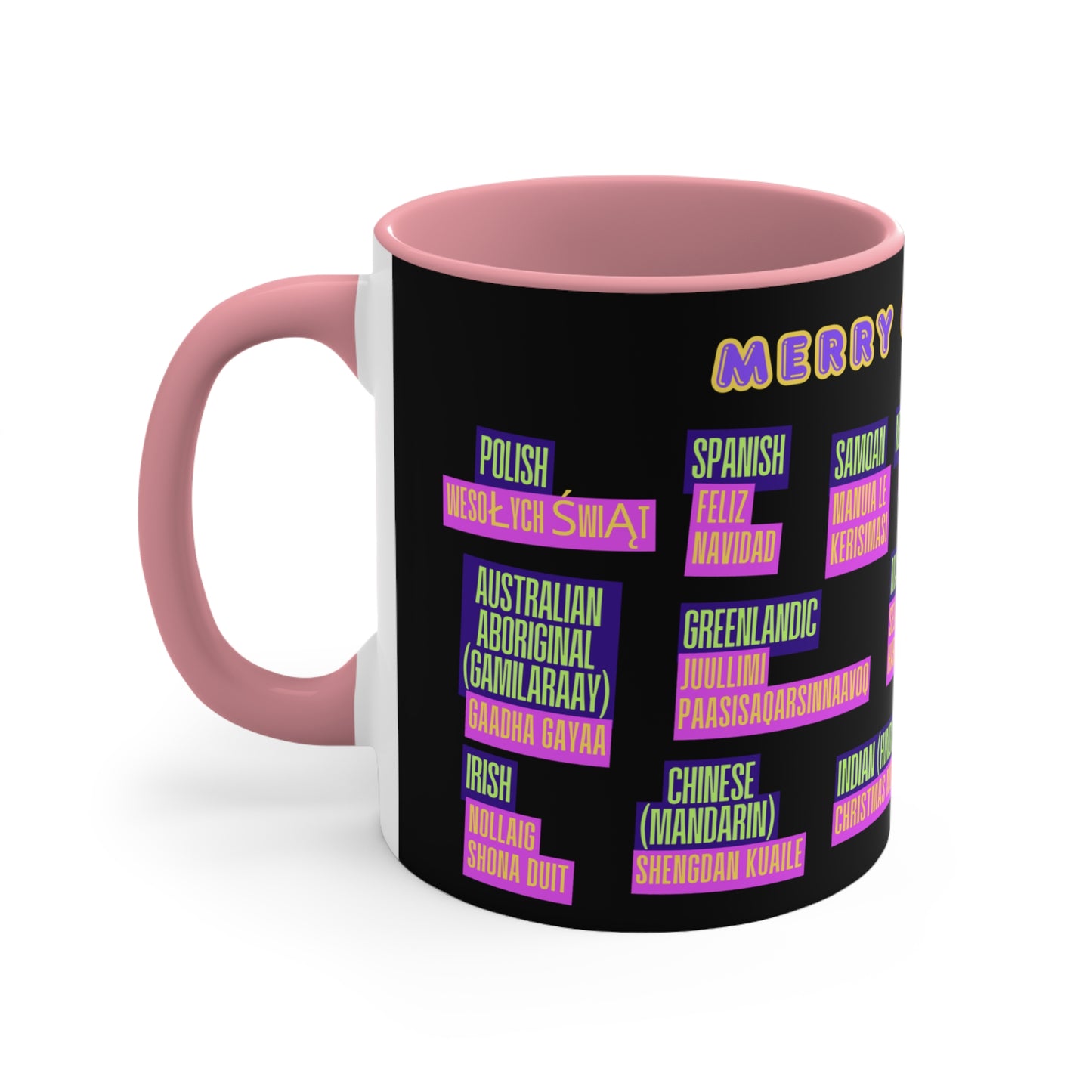 Merry Christmas Translations Mug — Multilingual Holiday Coffee Cup (11oz)