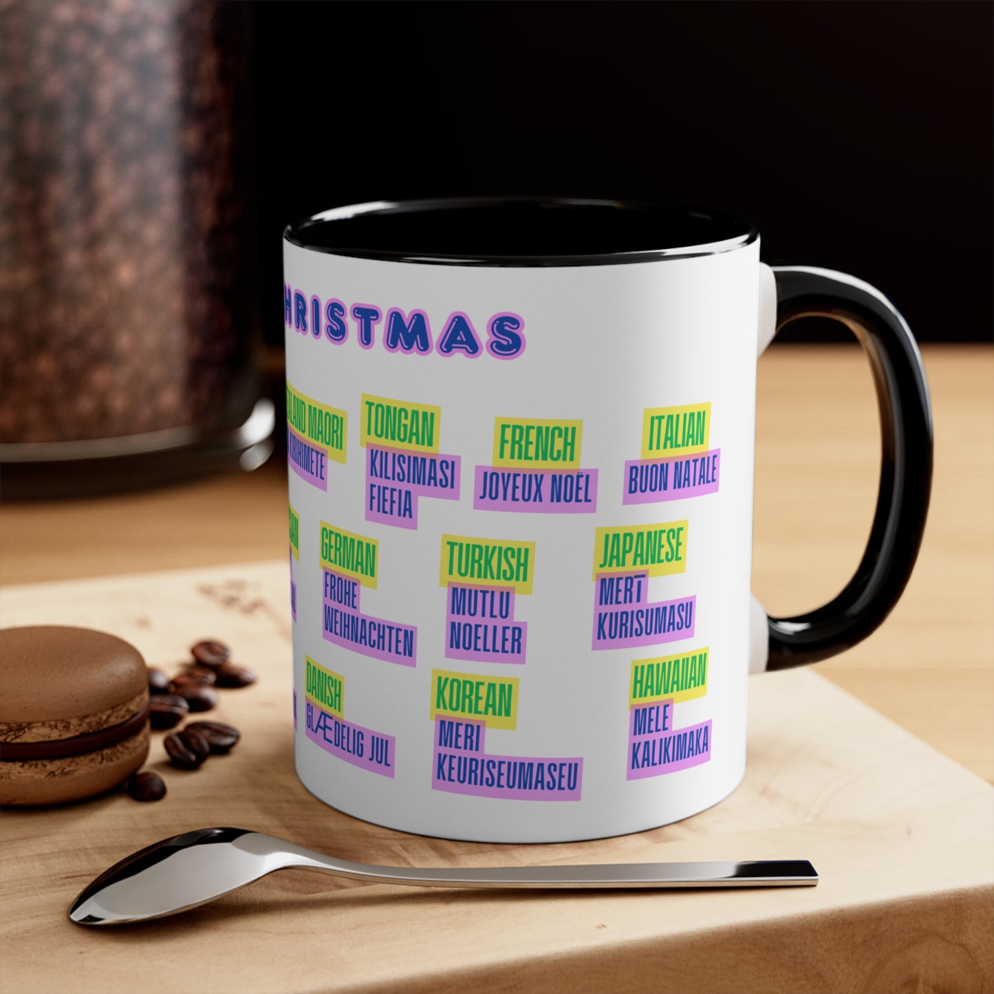 Merry Christmas Multilingual Mug — 11oz Color Accent Holiday Coffee Cup