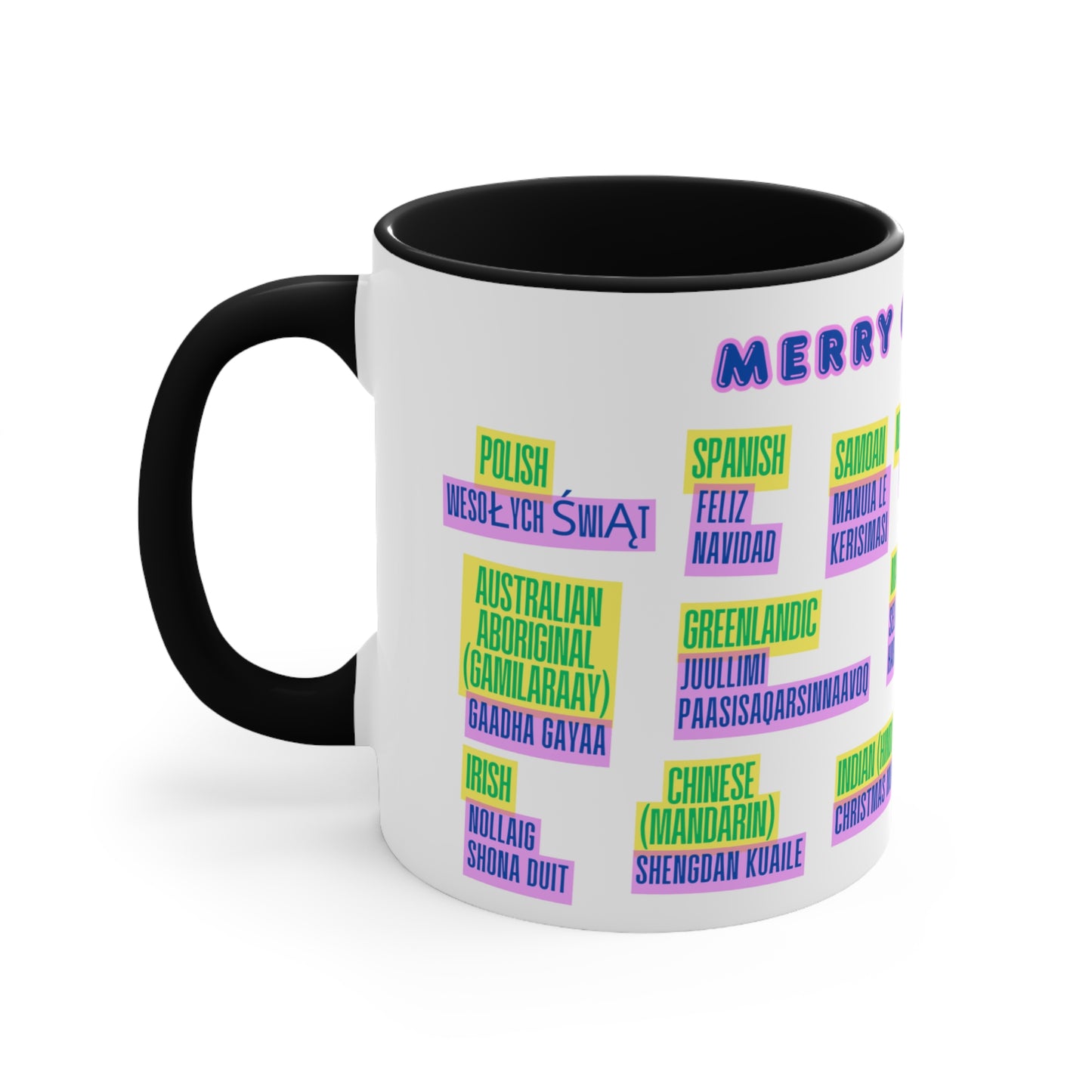 Merry Christmas Multilingual Mug — 11oz Color Accent Holiday Coffee Cup