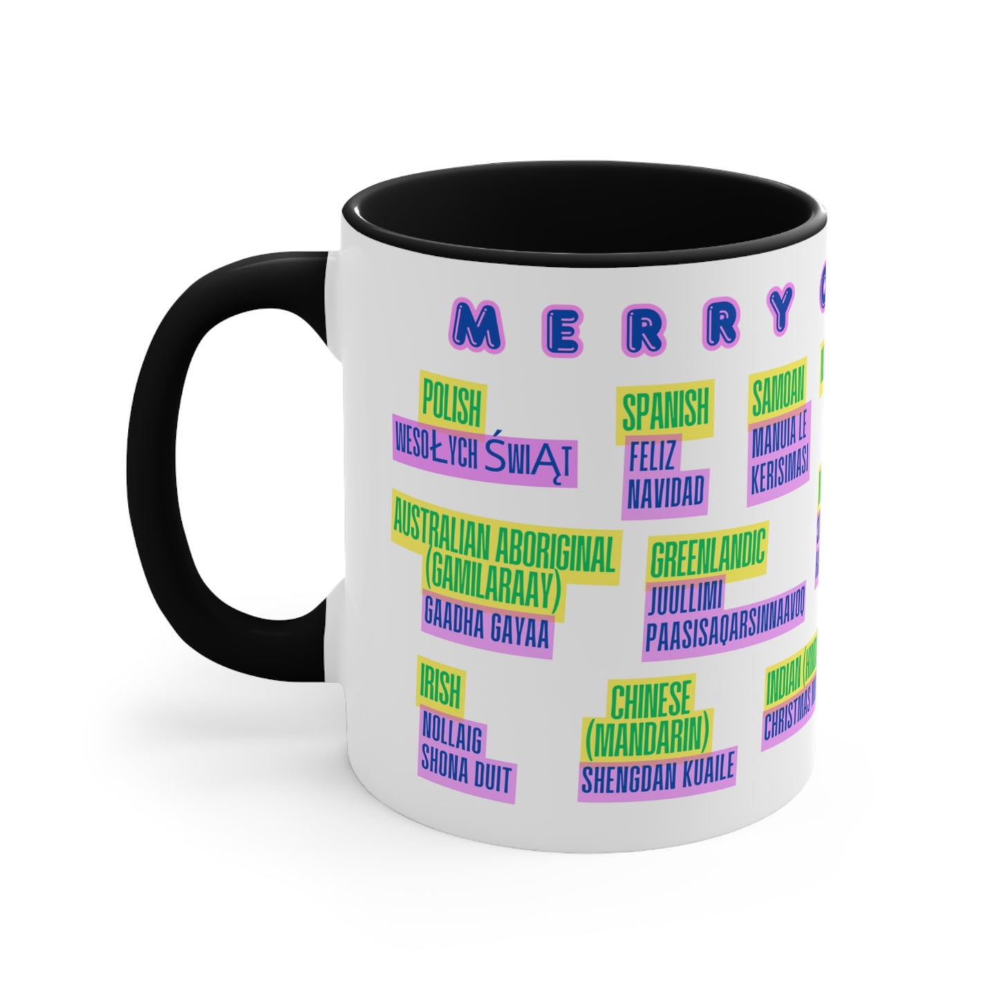 Merry Christmas Multilingual Mug — 11oz Color Accent Holiday Coffee Cup