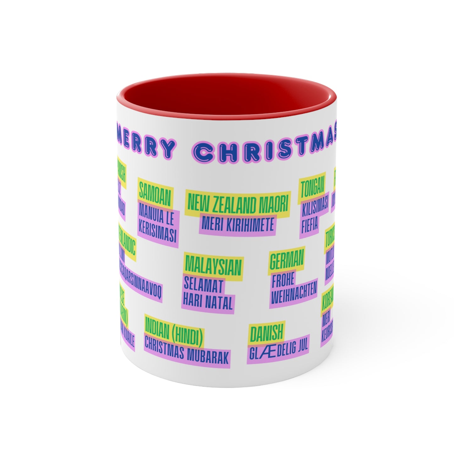 Merry Christmas Multilingual Mug — 11oz Color Accent Holiday Coffee Cup