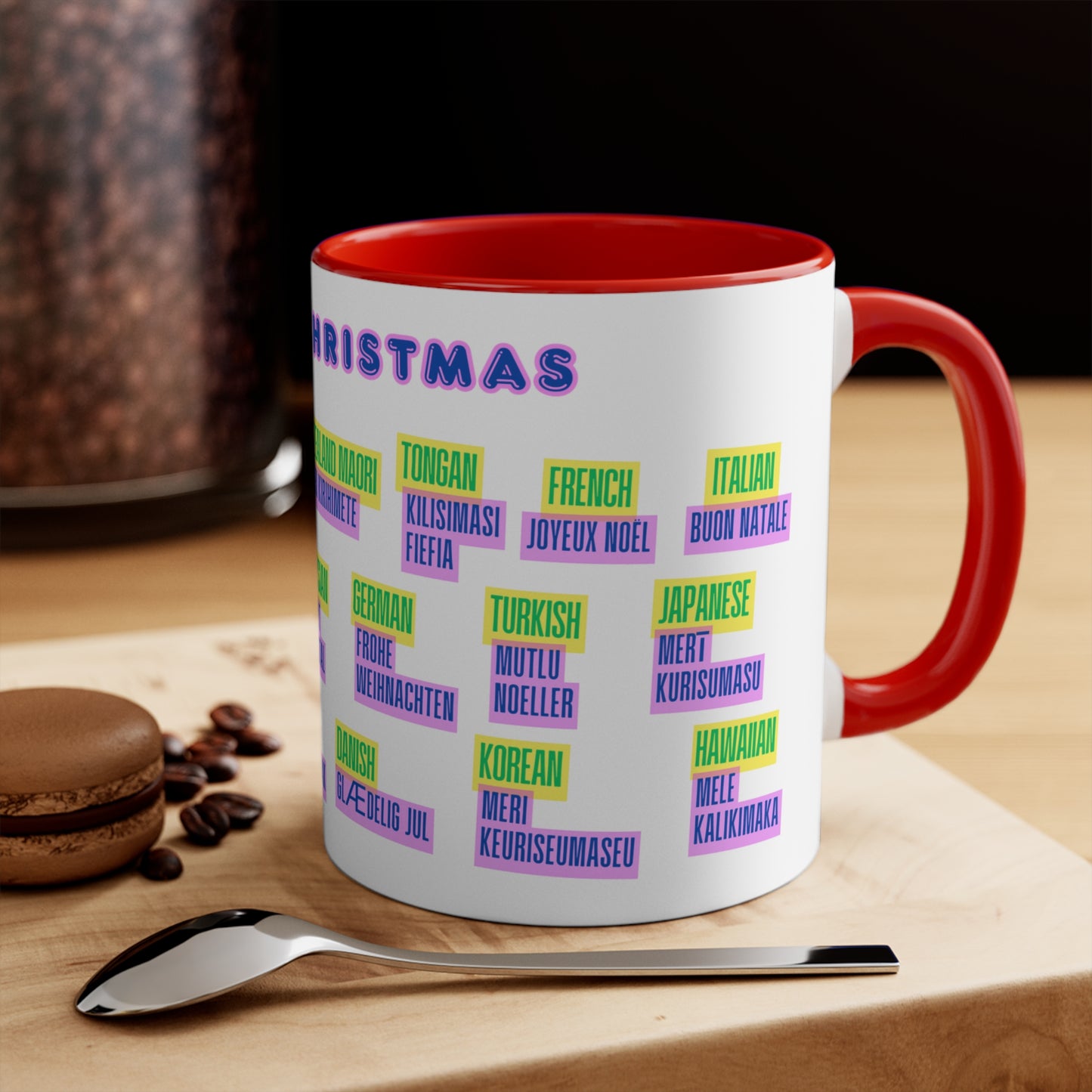 Merry Christmas Multilingual Mug — 11oz Color Accent Holiday Coffee Cup