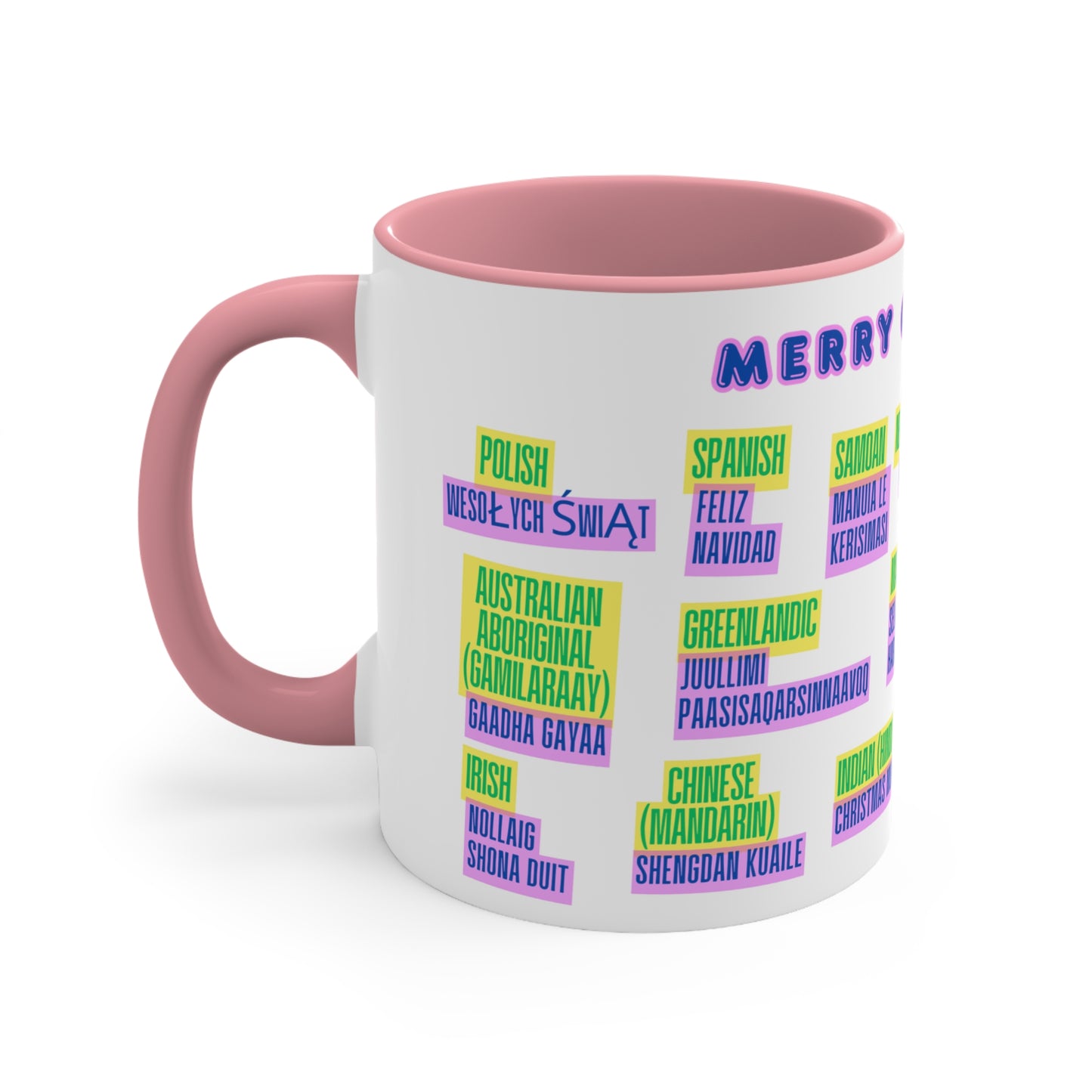 Merry Christmas Multilingual Mug — 11oz Color Accent Holiday Coffee Cup