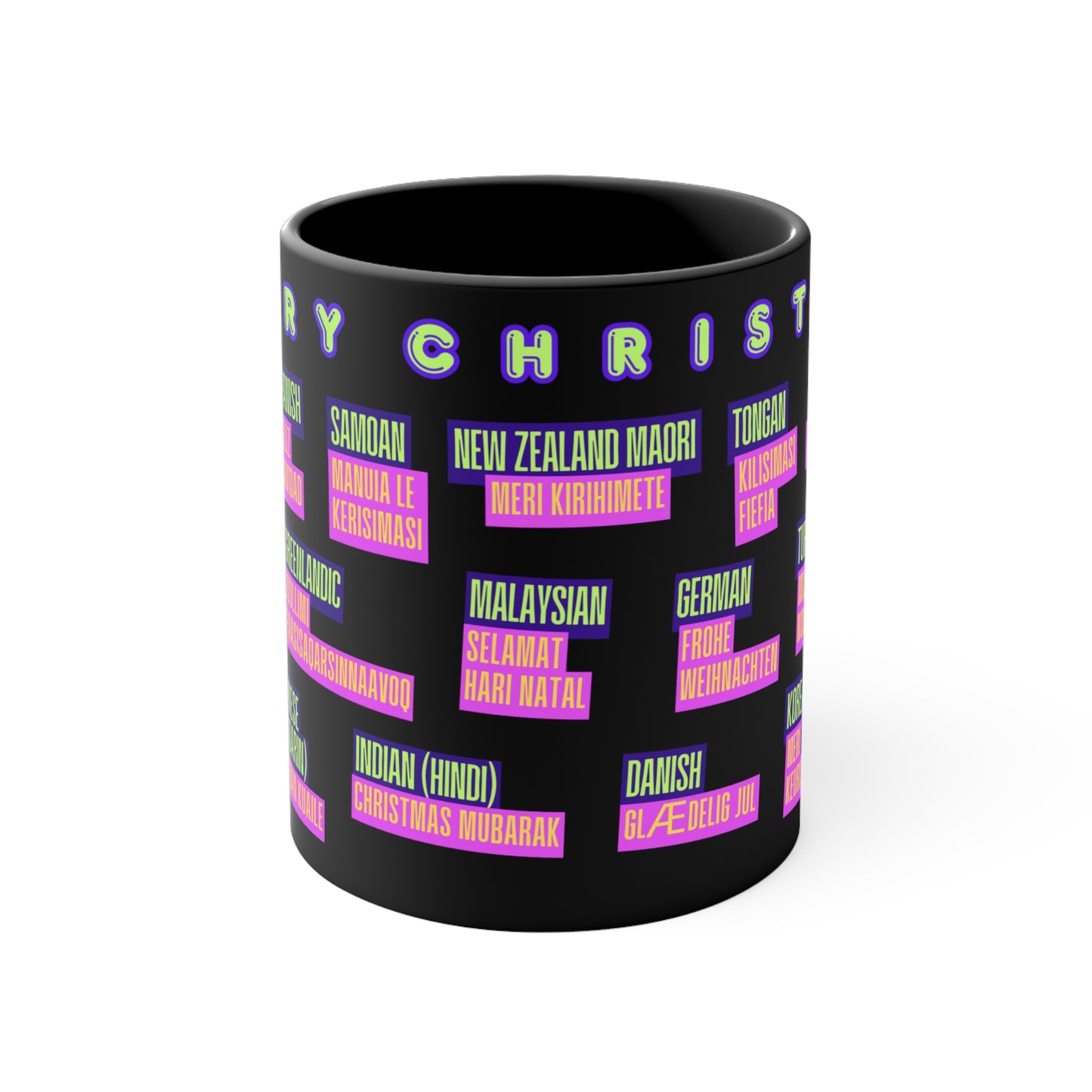 Merry Christmas Translations Mug — Multilingual Holiday Coffee Cup (11oz)