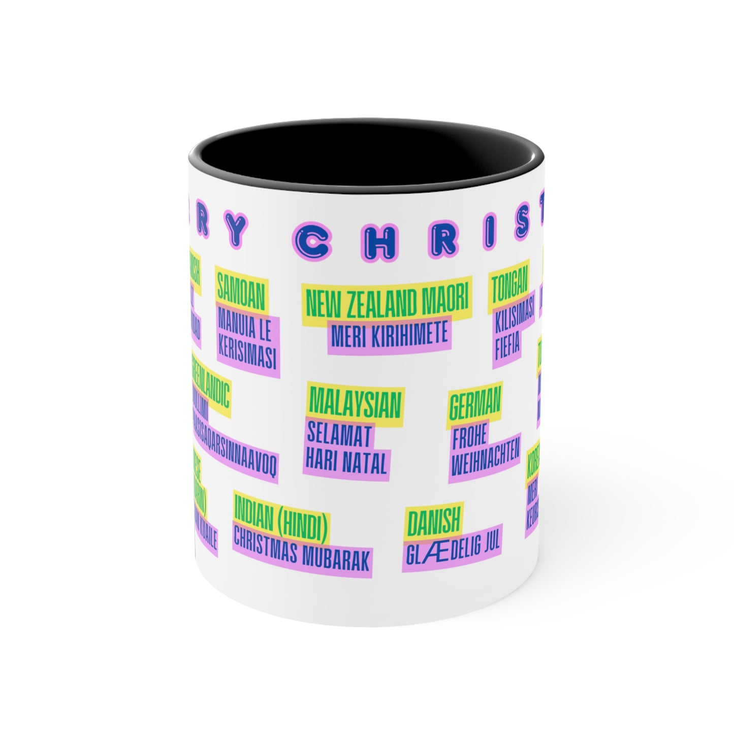 Merry Christmas Multilingual Mug — 11oz Color Accent Holiday Coffee Cup