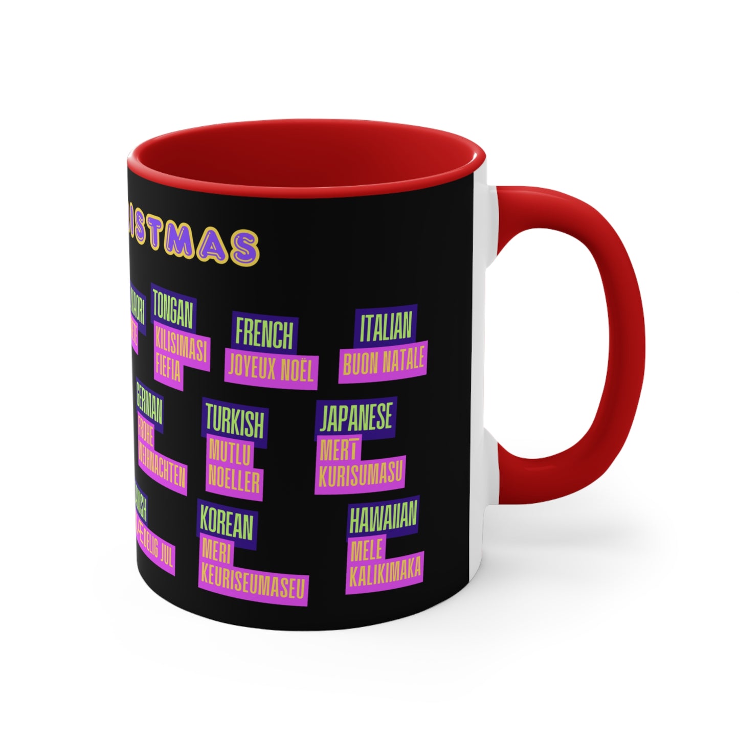 Merry Christmas Translations Mug — Multilingual Holiday Coffee Cup (11oz)