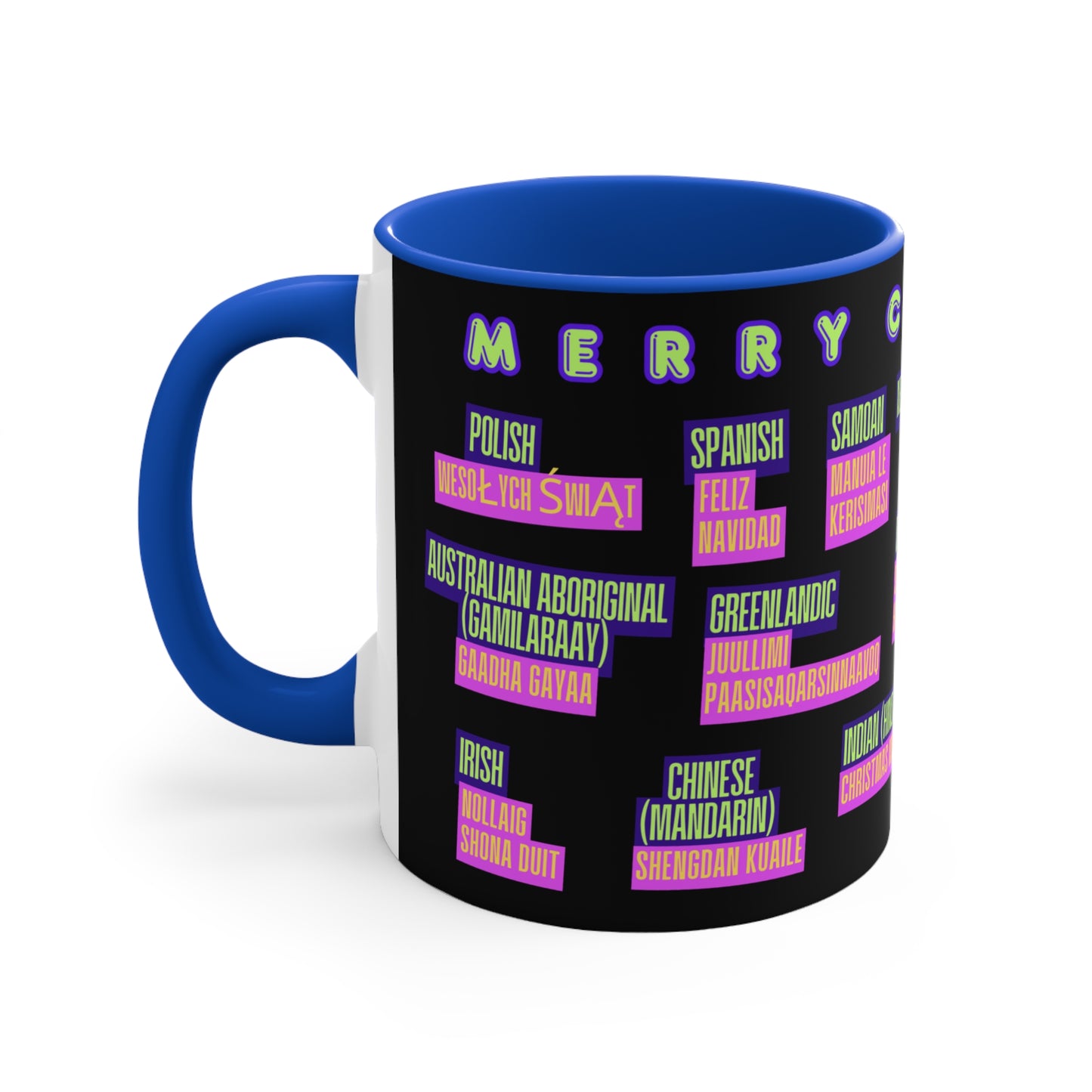 Merry Christmas Translations Mug — Multilingual Holiday Coffee Cup (11oz)