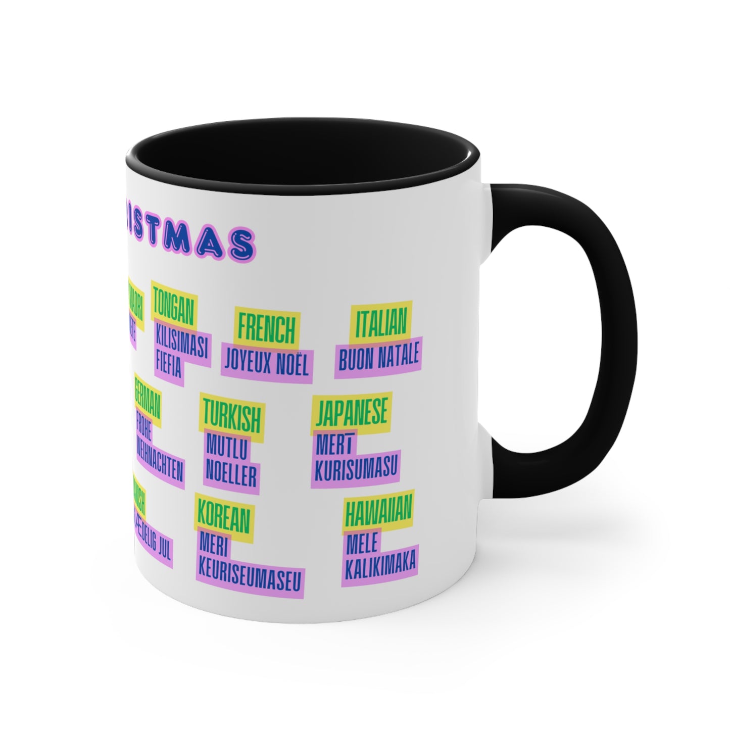 Merry Christmas Multilingual Mug — 11oz Color Accent Holiday Coffee Cup