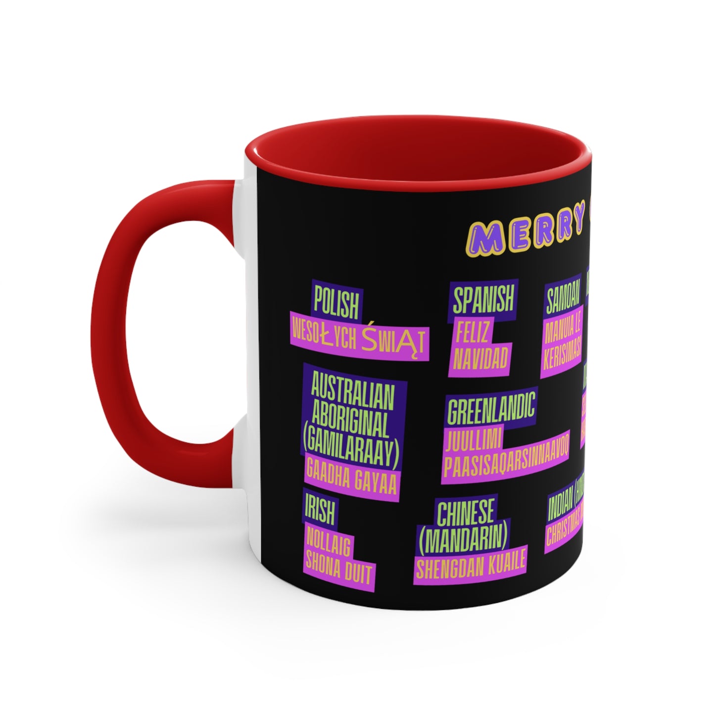 Merry Christmas Translations Mug — Multilingual Holiday Coffee Cup (11oz)