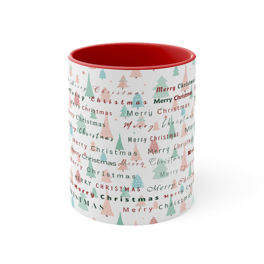 Christmas Trees Pattern Mug — 'Merry Christmas' Accent 11oz