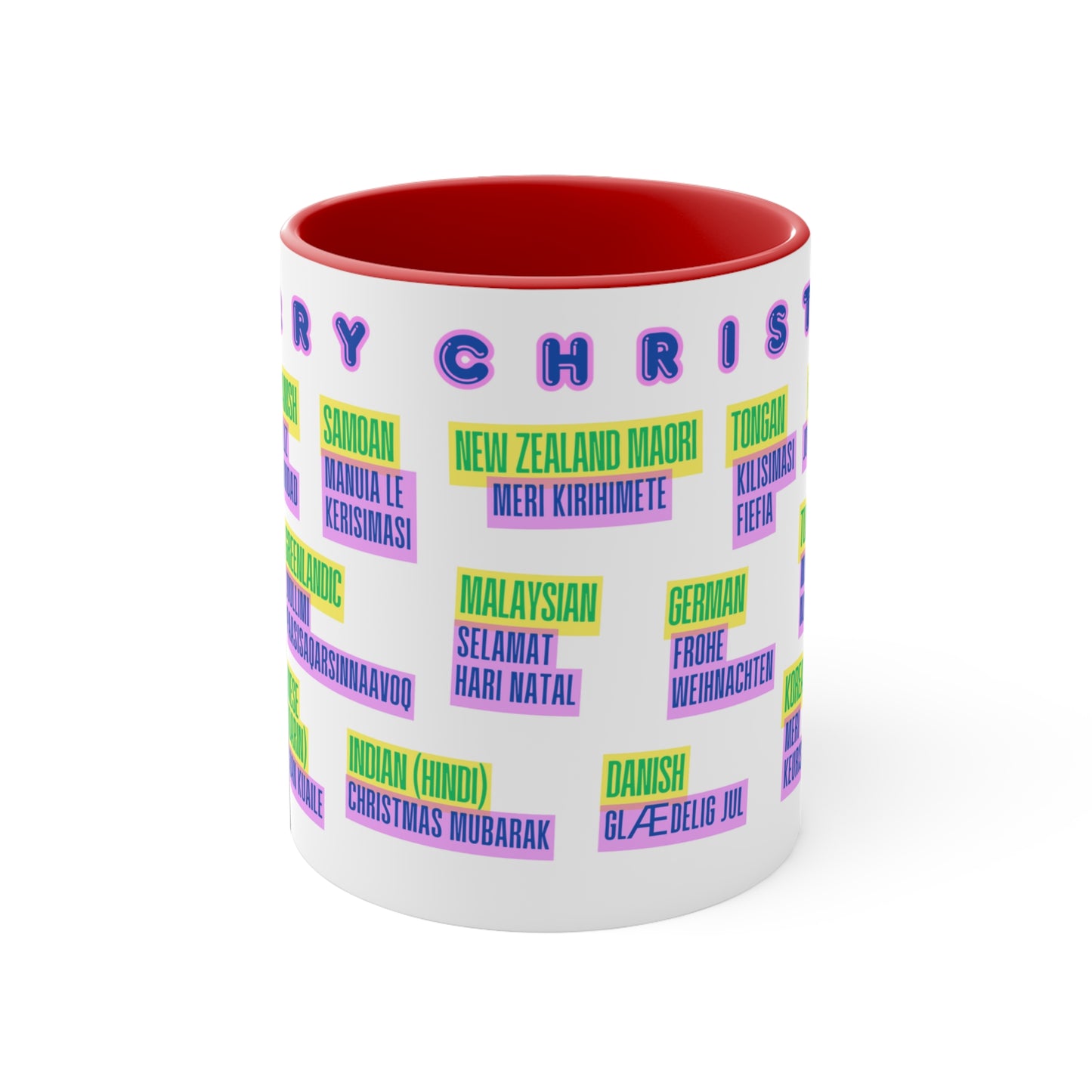 Merry Christmas Multilingual Mug — 11oz Color Accent Holiday Coffee Cup