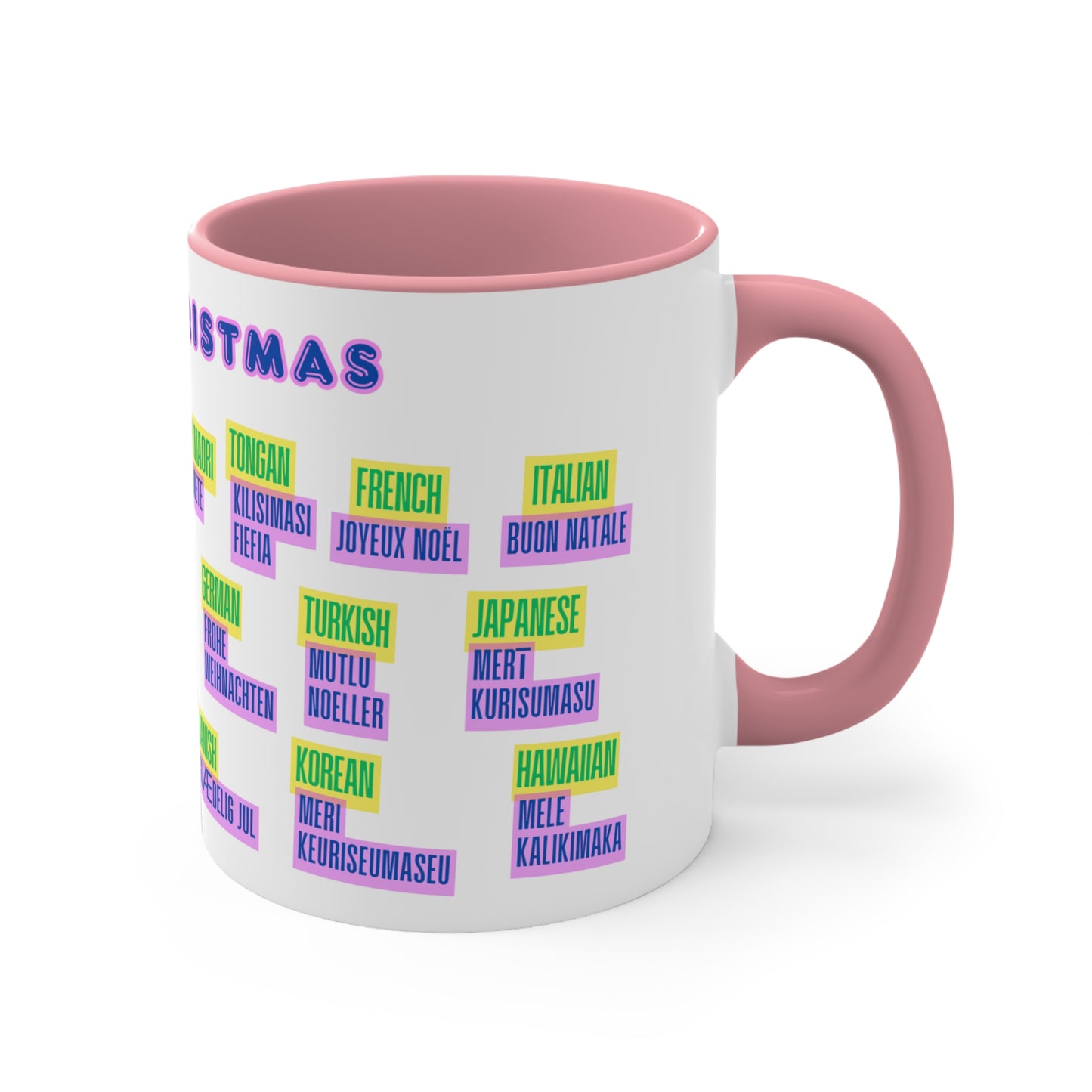 Merry Christmas Multilingual Mug — 11oz Color Accent Holiday Coffee Cup