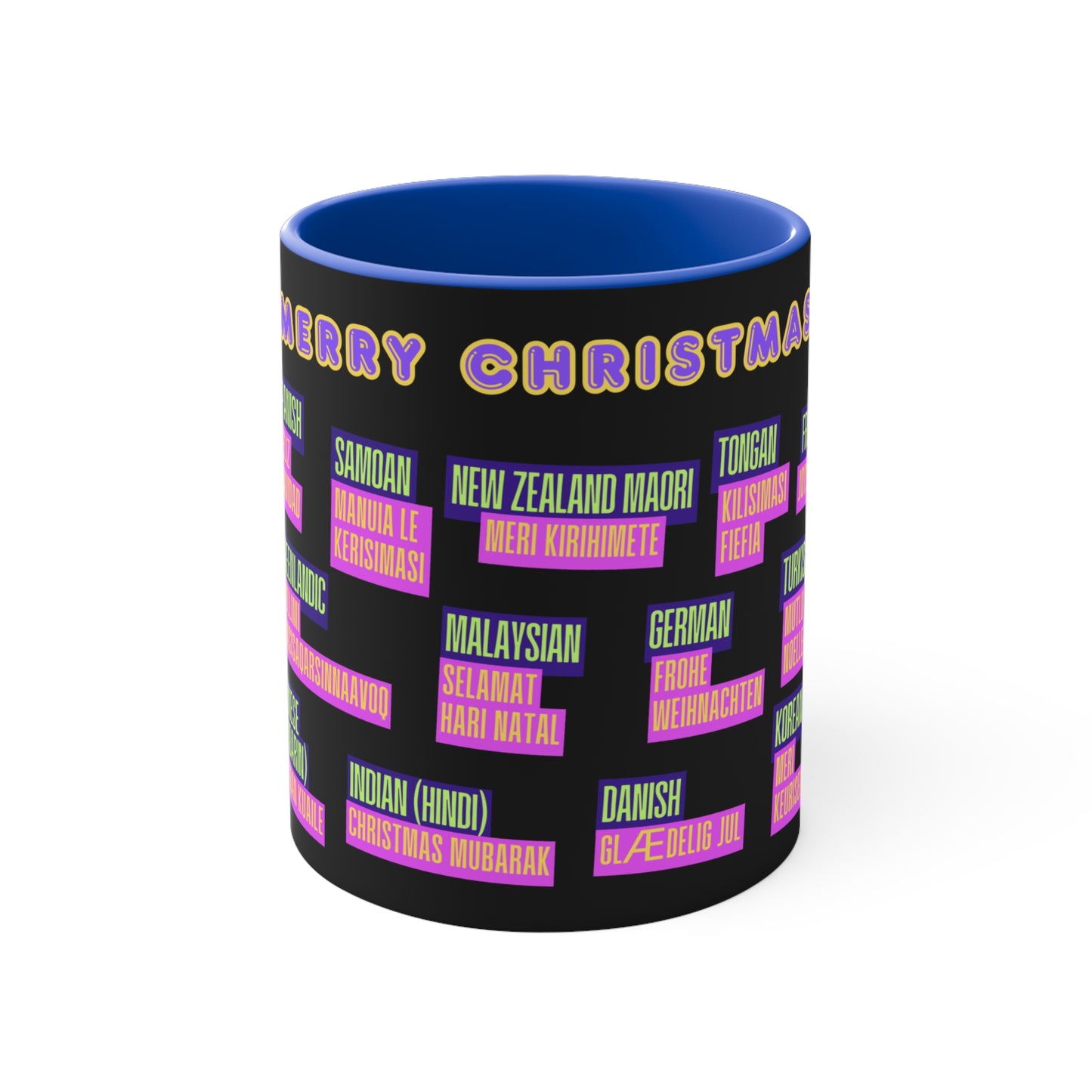 Merry Christmas Translations Mug — Multilingual Holiday Coffee Cup (11oz)