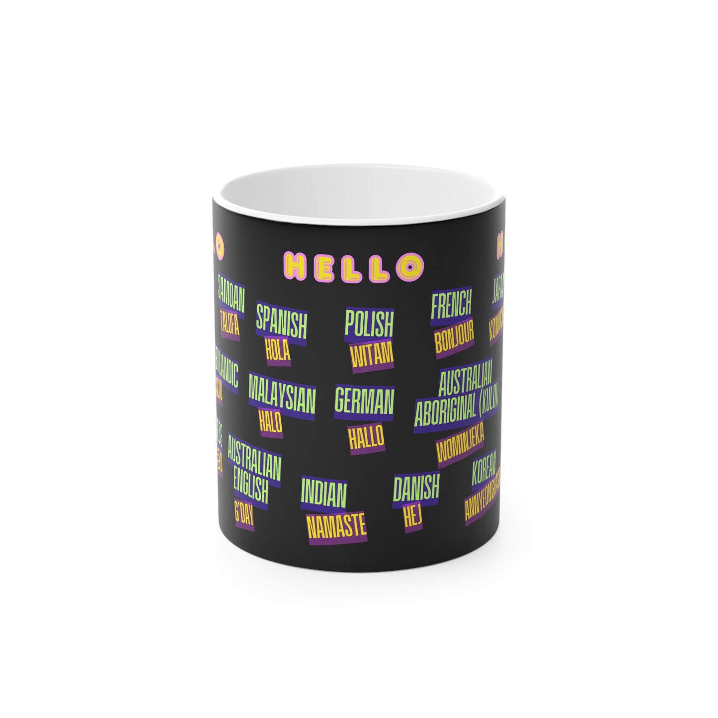 Multilingual Hello Coffee Mug | Gift for Language Lovers, Teacher Appreciation, Home Office Decor, Fun Conversation Starter